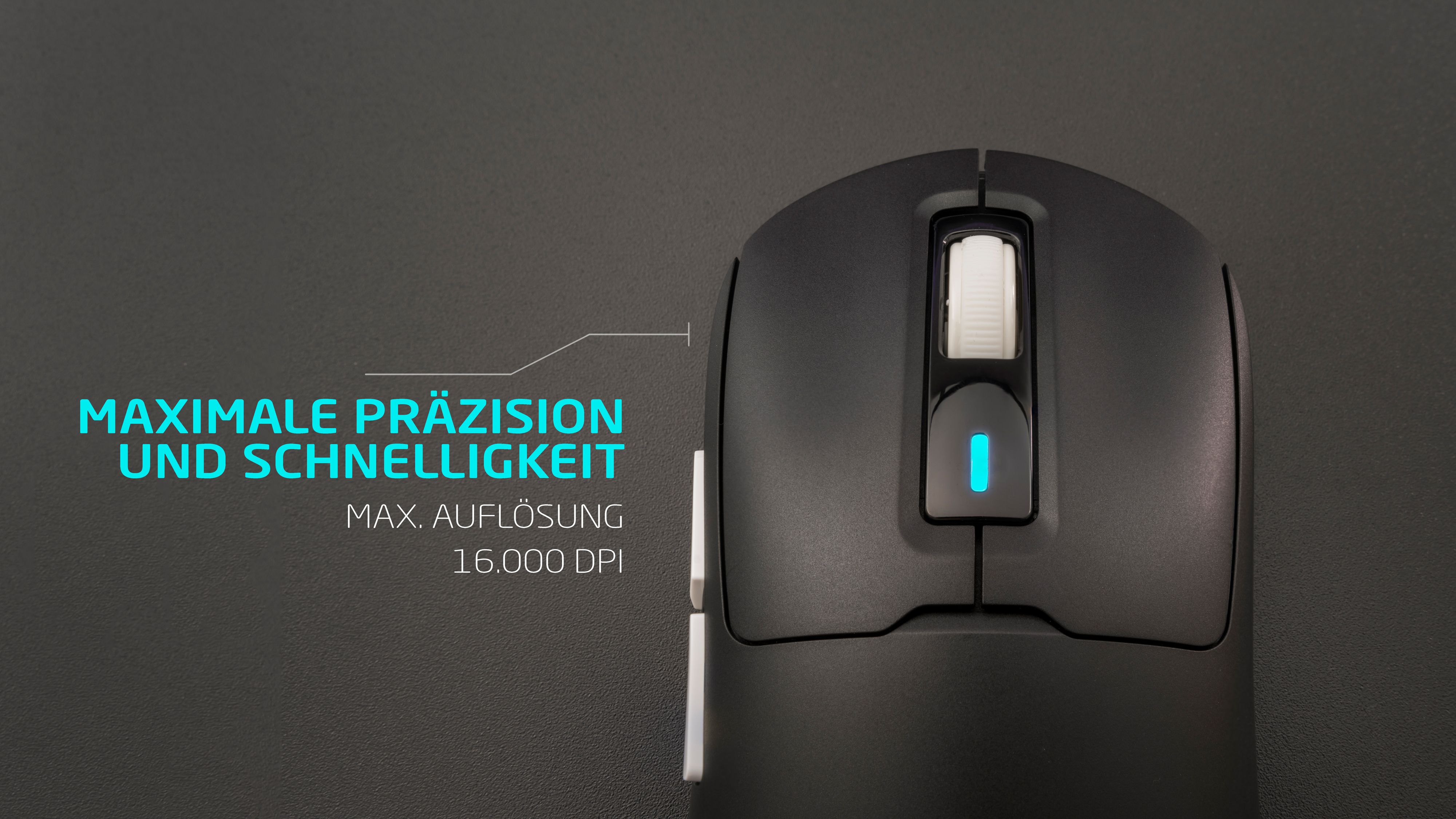 Eine schwarze Maus mit einem weißen Scrollrad und blauem Licht, Text: Max. Auflösung 16.000 DPI.