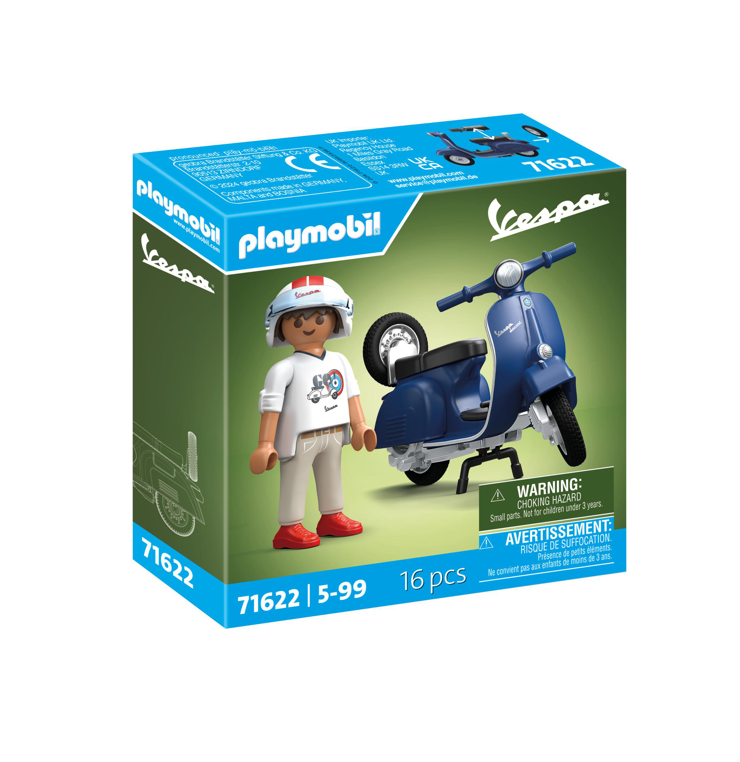 Playmobil Vespa Spielzeugset, Schachtel mit Roller und Figur.