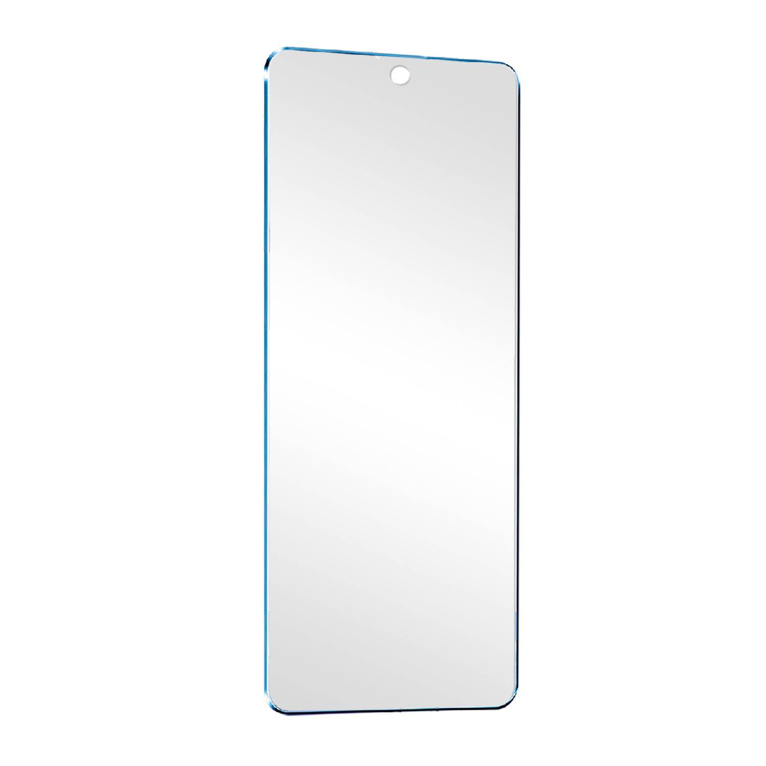 Una protezione schermo per un telefono, con bordo blu e sfondo bianco.