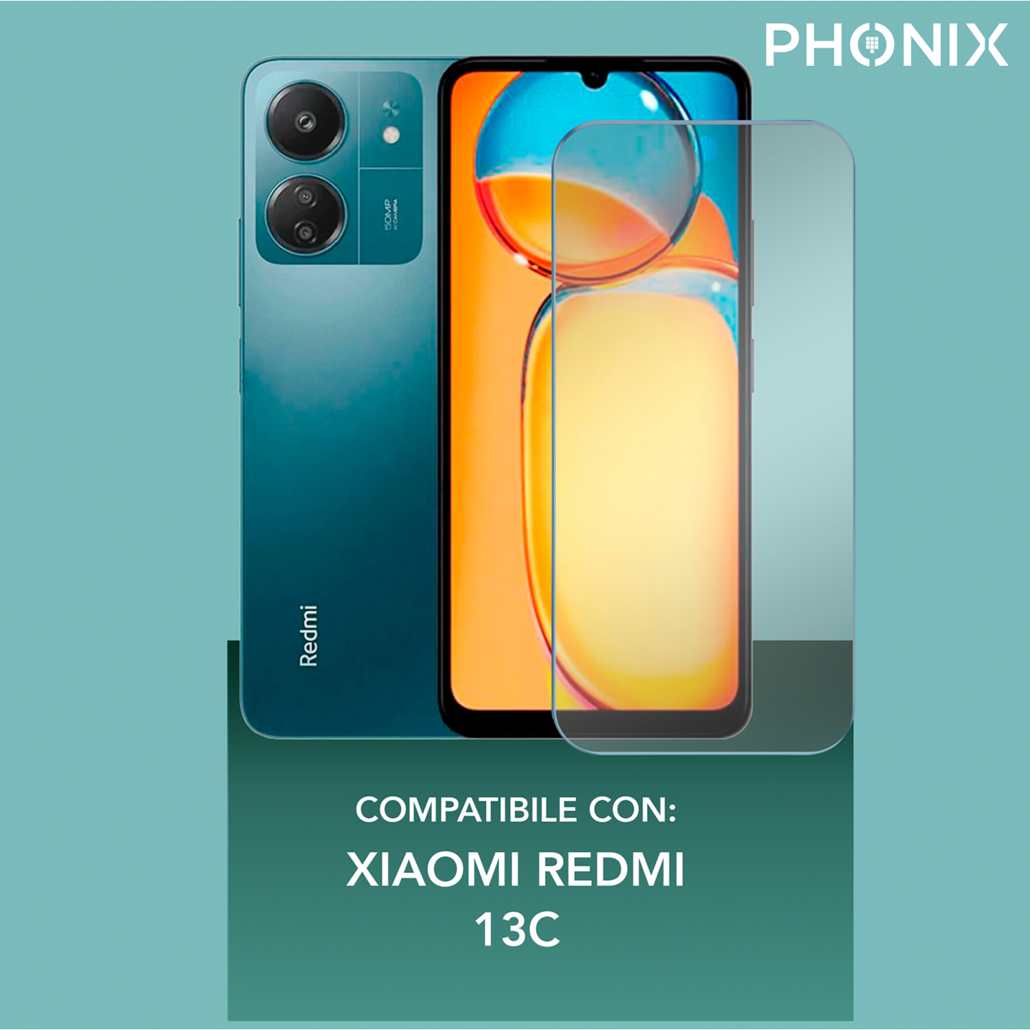 Telefono verde con protezione schermo in vetro, testo: Compatibile con Xiaomi Redmi 13C.