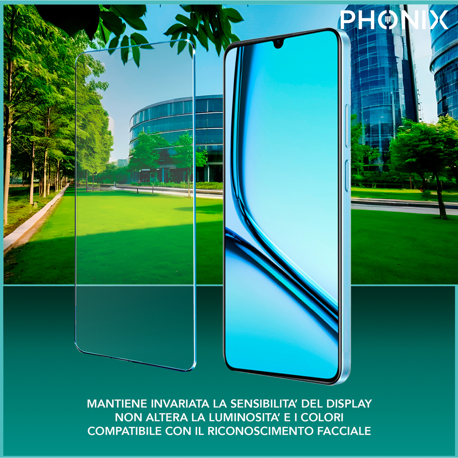 Uno smartphone e una protezione schermo con sfondo urbano e alberi verdi.
