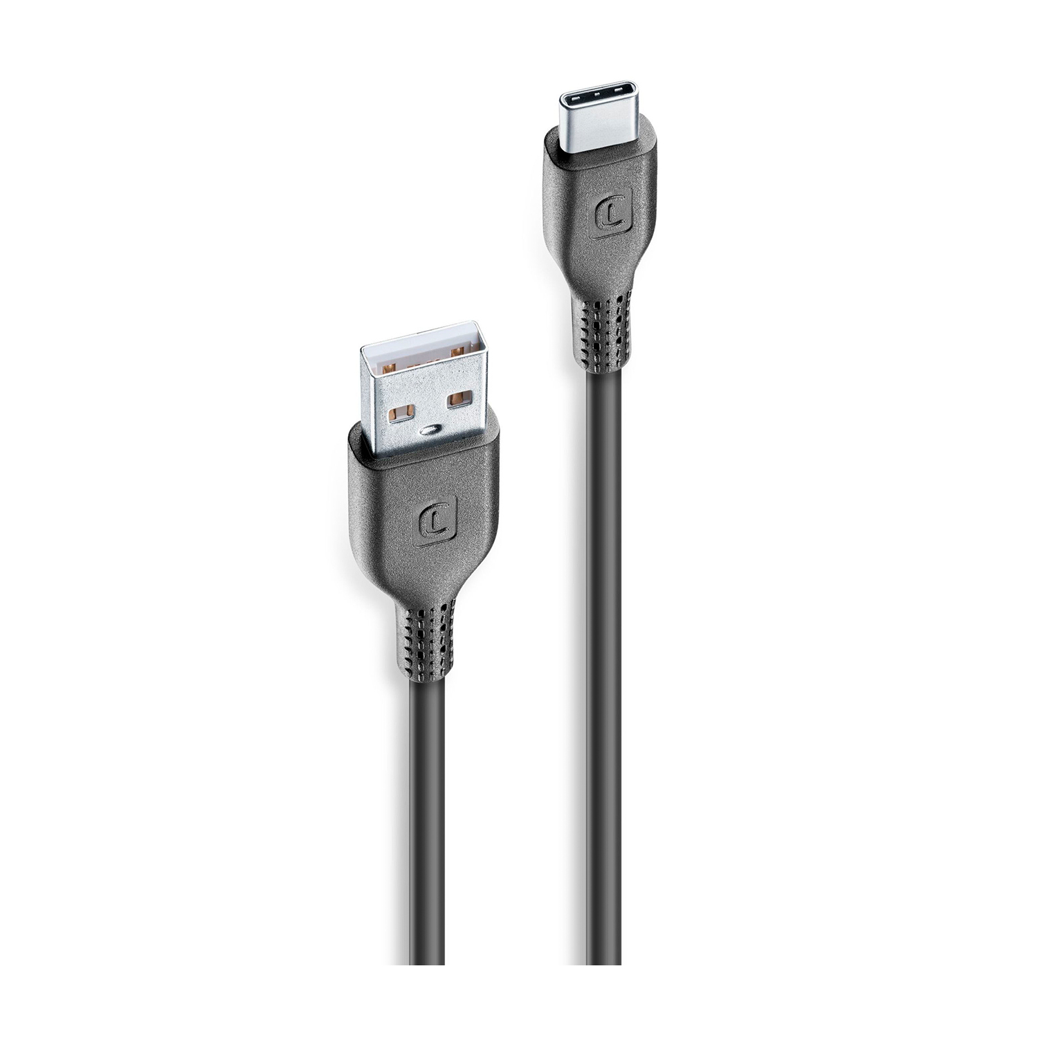 Cavo nero da USB-A a USB-C. I connettori hanno un logo.