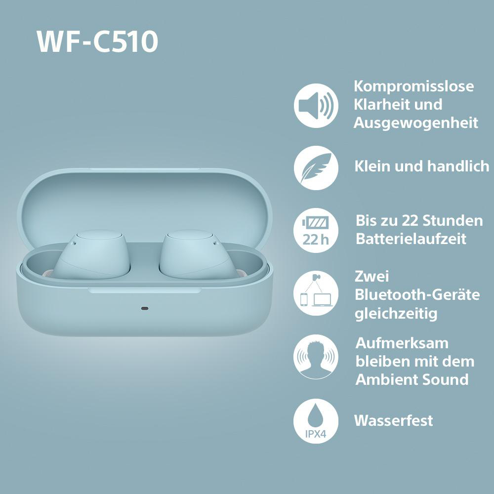 Ein hellblaues Etui mit Ohrhörern, Text: WF-C510.