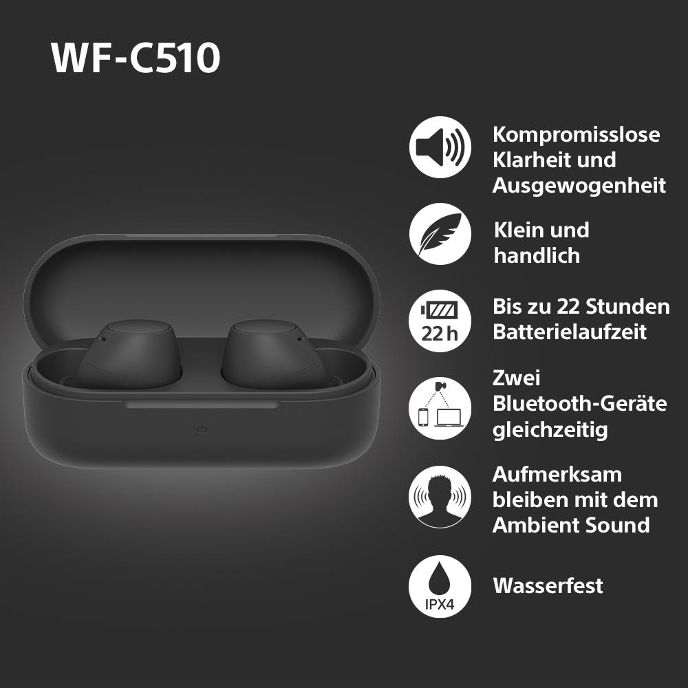 Schwarze kabellose Ohrhörer und Ladecase, mit Text über Funktionen.