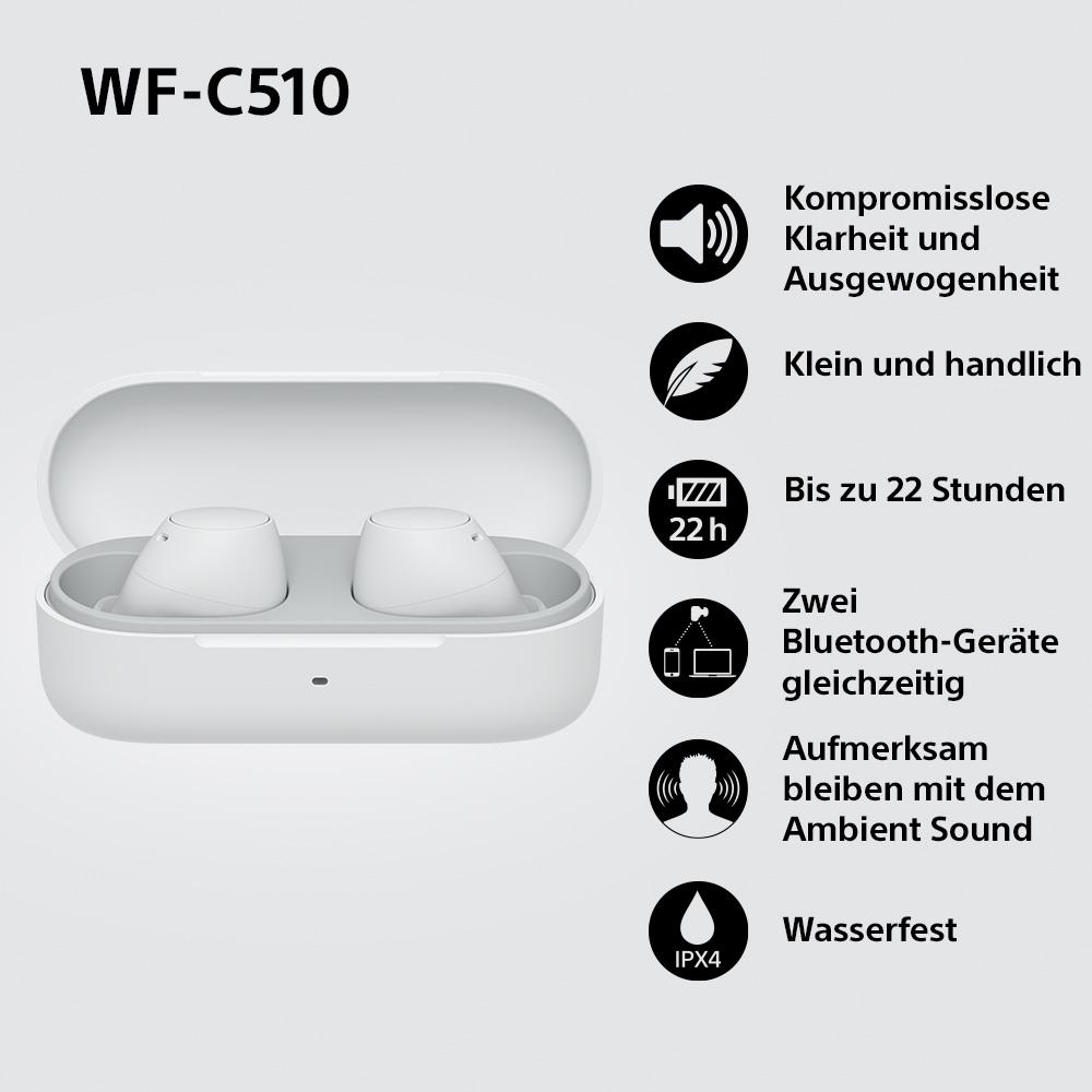 Weiße Ohrhörer in Case. Text nennt 'Kompromisslose Klarheit' und IPX4.