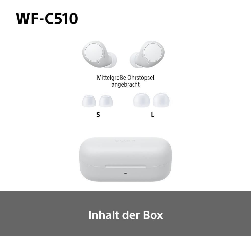 Weiße Ohrhörer mit Ladecase und zusätzlichen Ohrstöpseln. Die Box ist weiß.