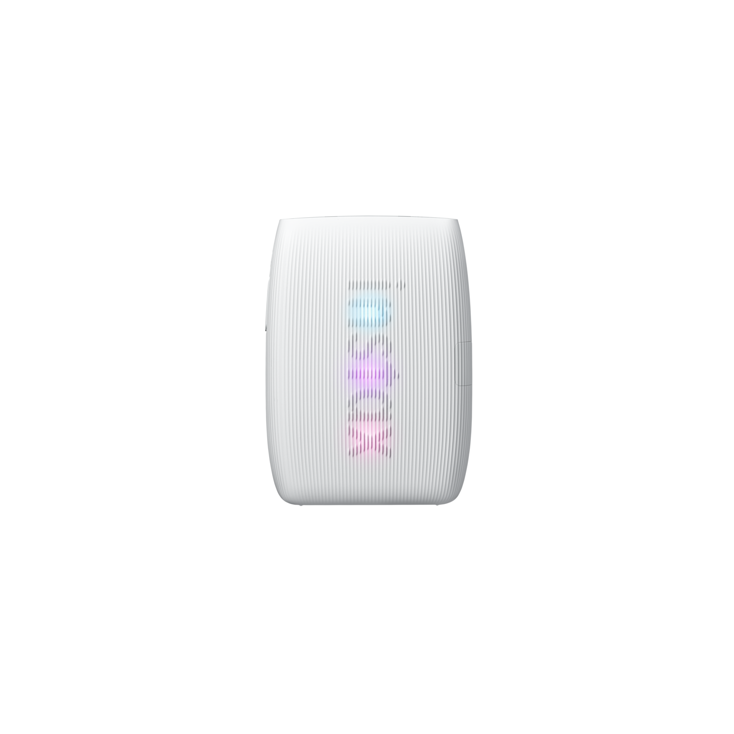 White, cylindrical, ribbed smart speaker, with a colorful display showing a battery level.