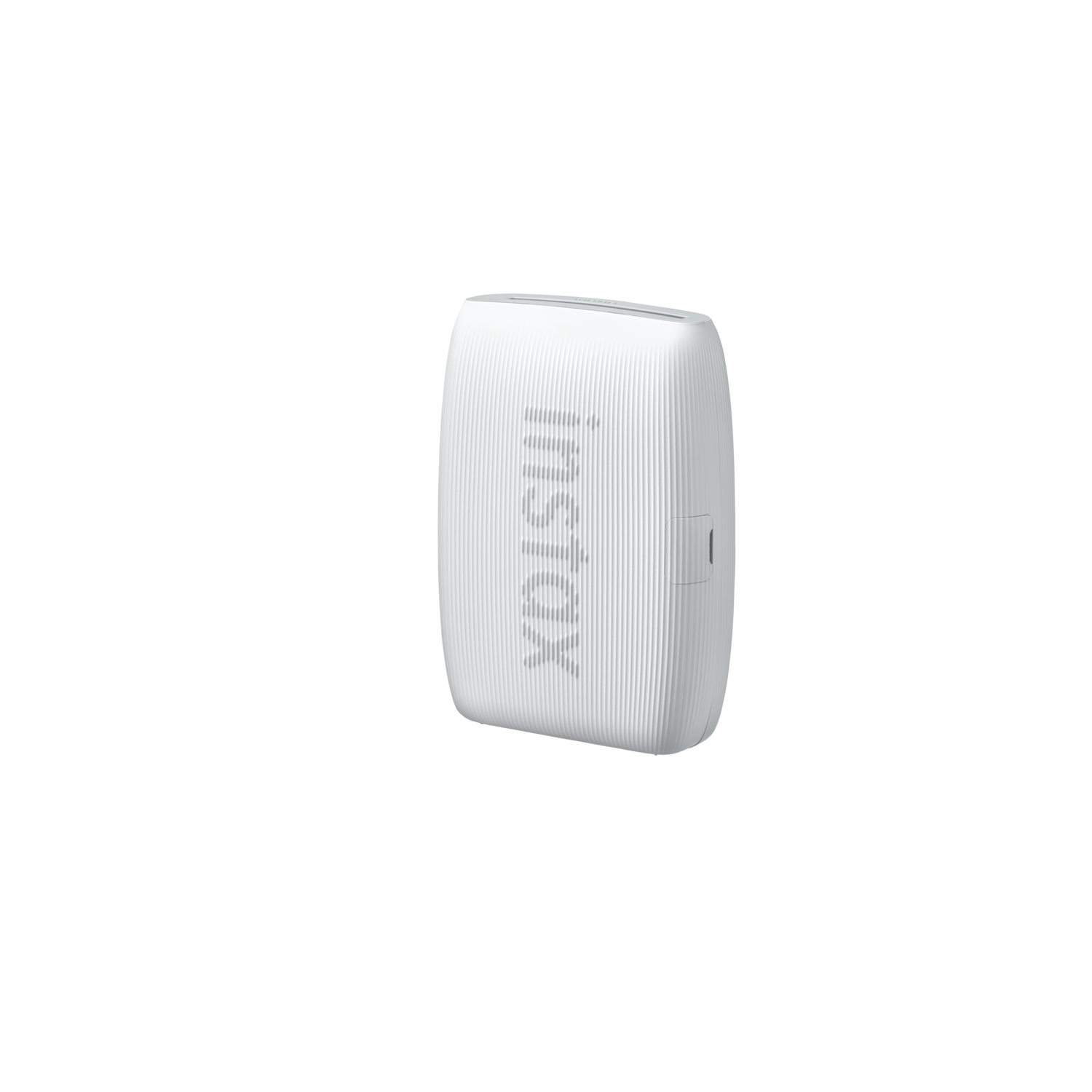 White Instax printer, with a ridged surface, on a black background.