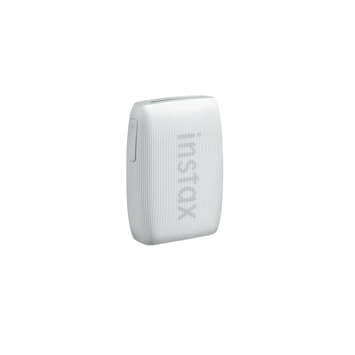 A white Instax camera printer on a black background. The front features vertical lines and the Instax logo.