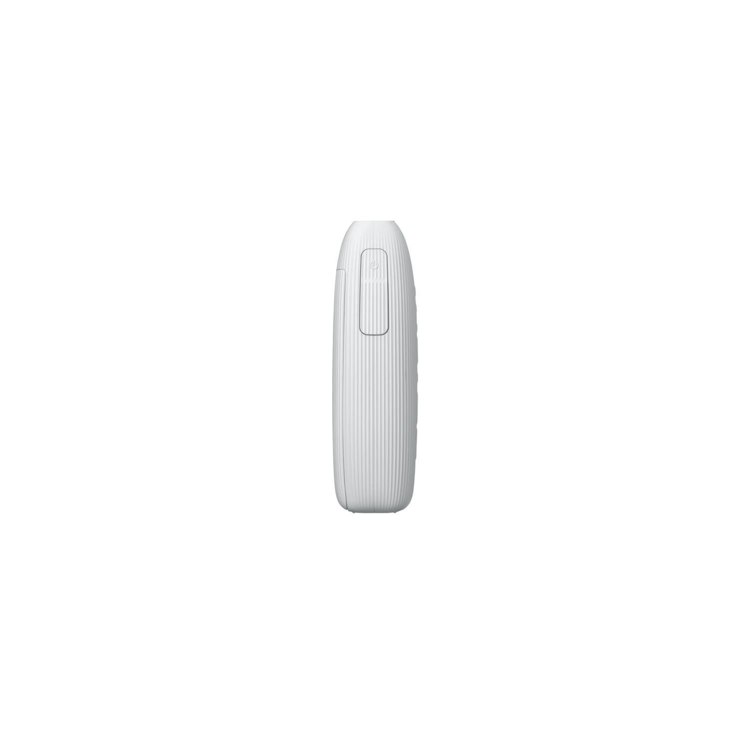 White rectangular device. It is standing upright on a black background. The device has a rounded shape.