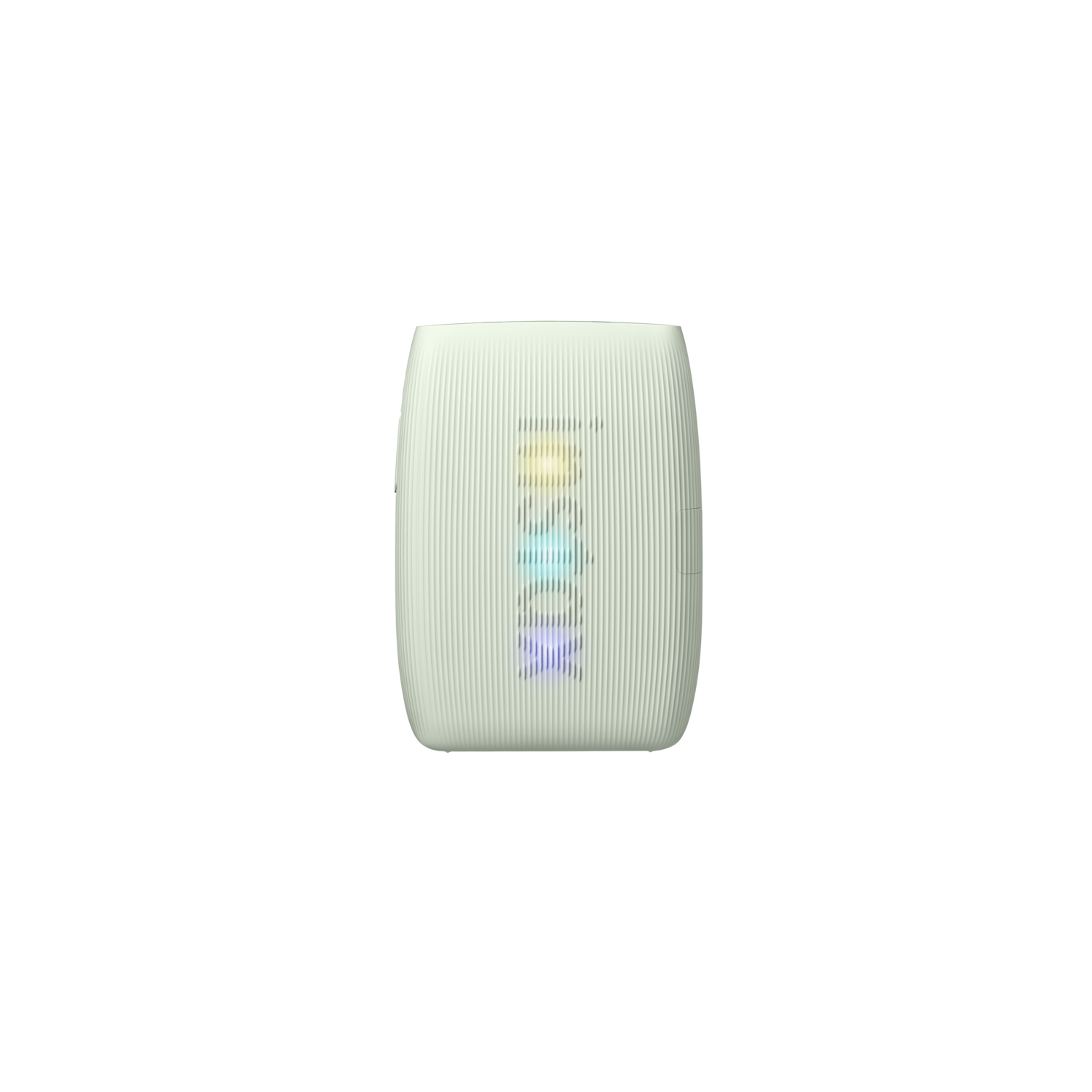 White speaker with colorful lights. Text: White speaker with lights.
