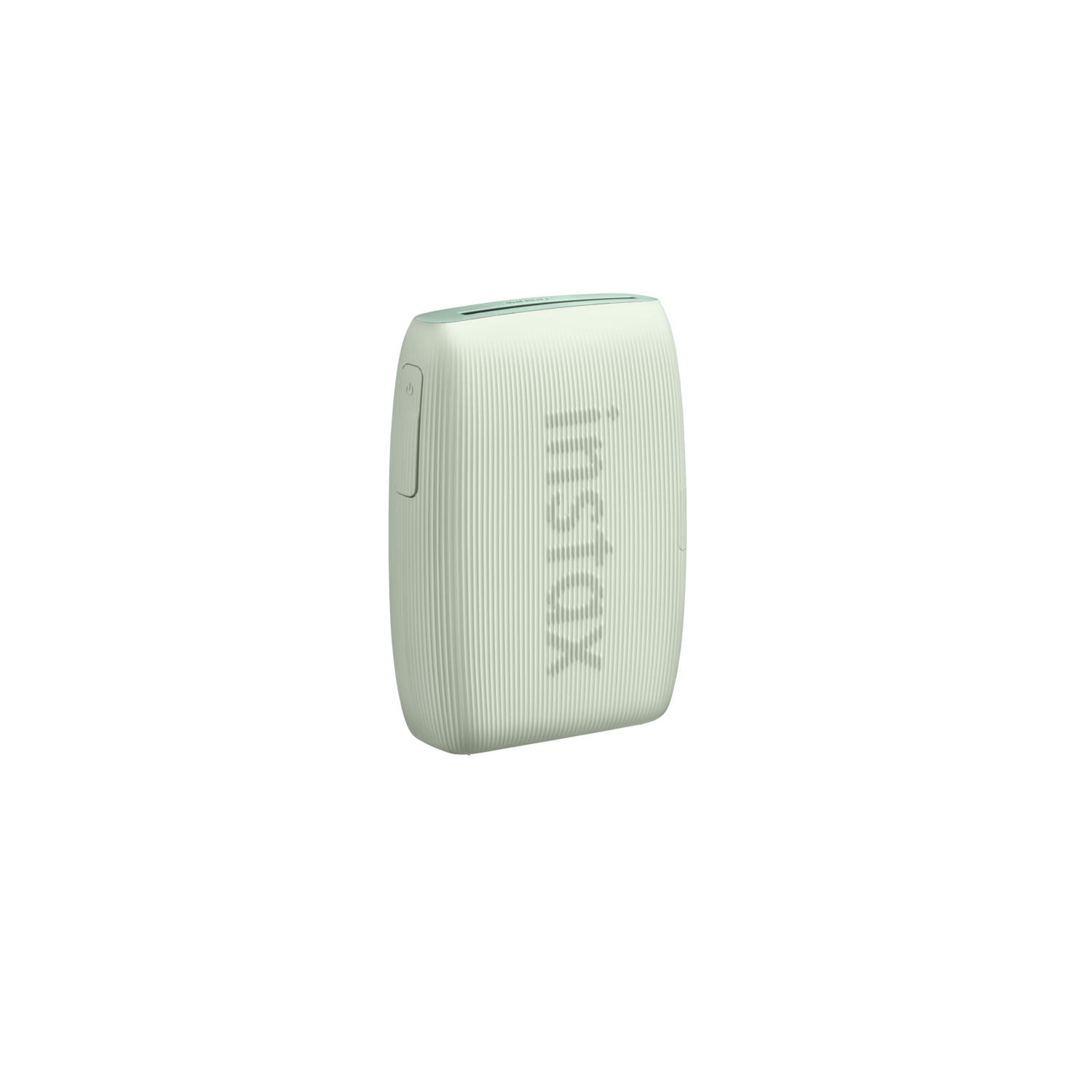 A white Instax Mini Link printer, isolated against a black background.