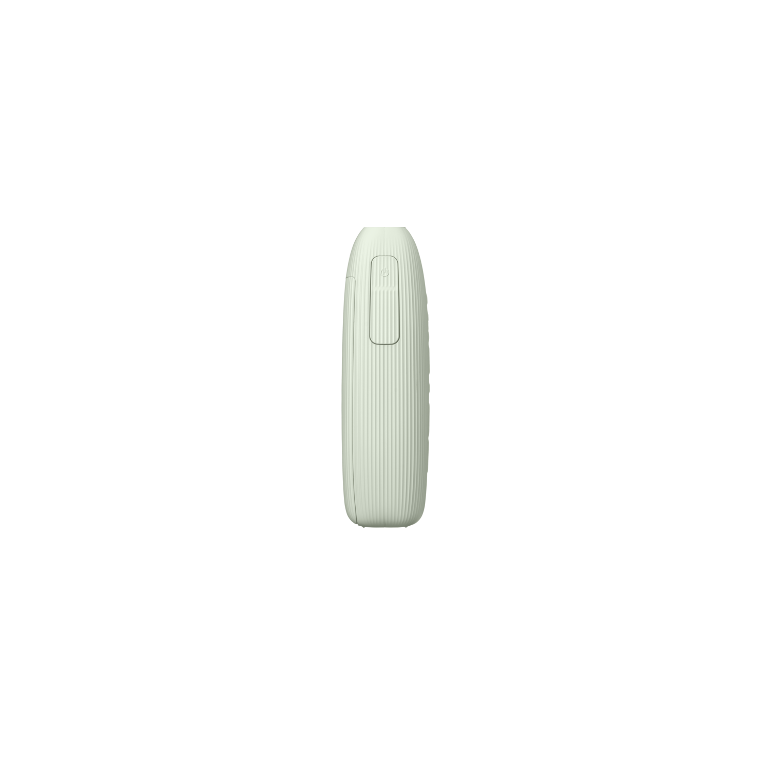 A white, ribbed, cylindrical device with a button, likely an electronic device.