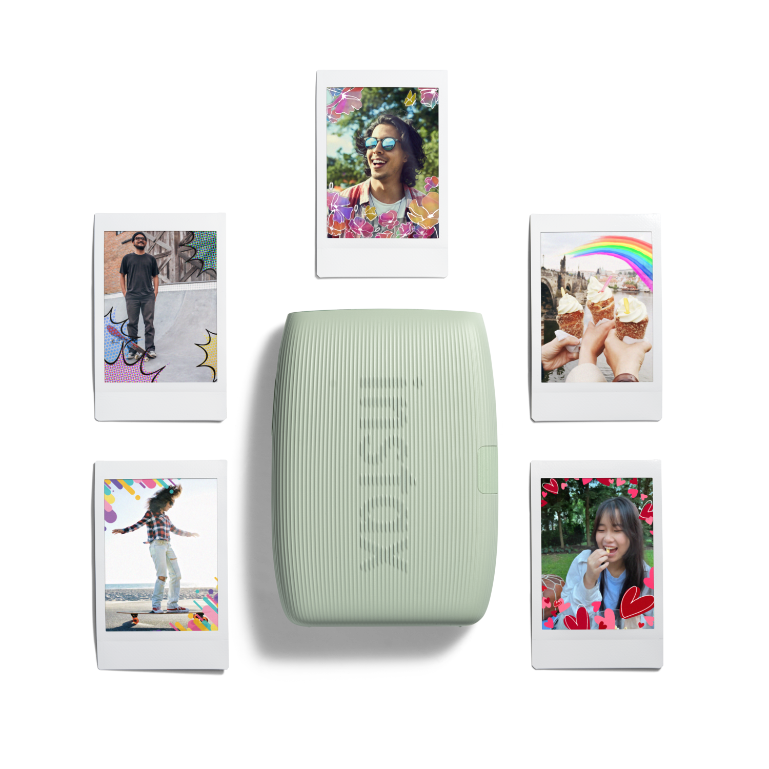 A mint-green printer with photos of people. Photos have colorful filters.