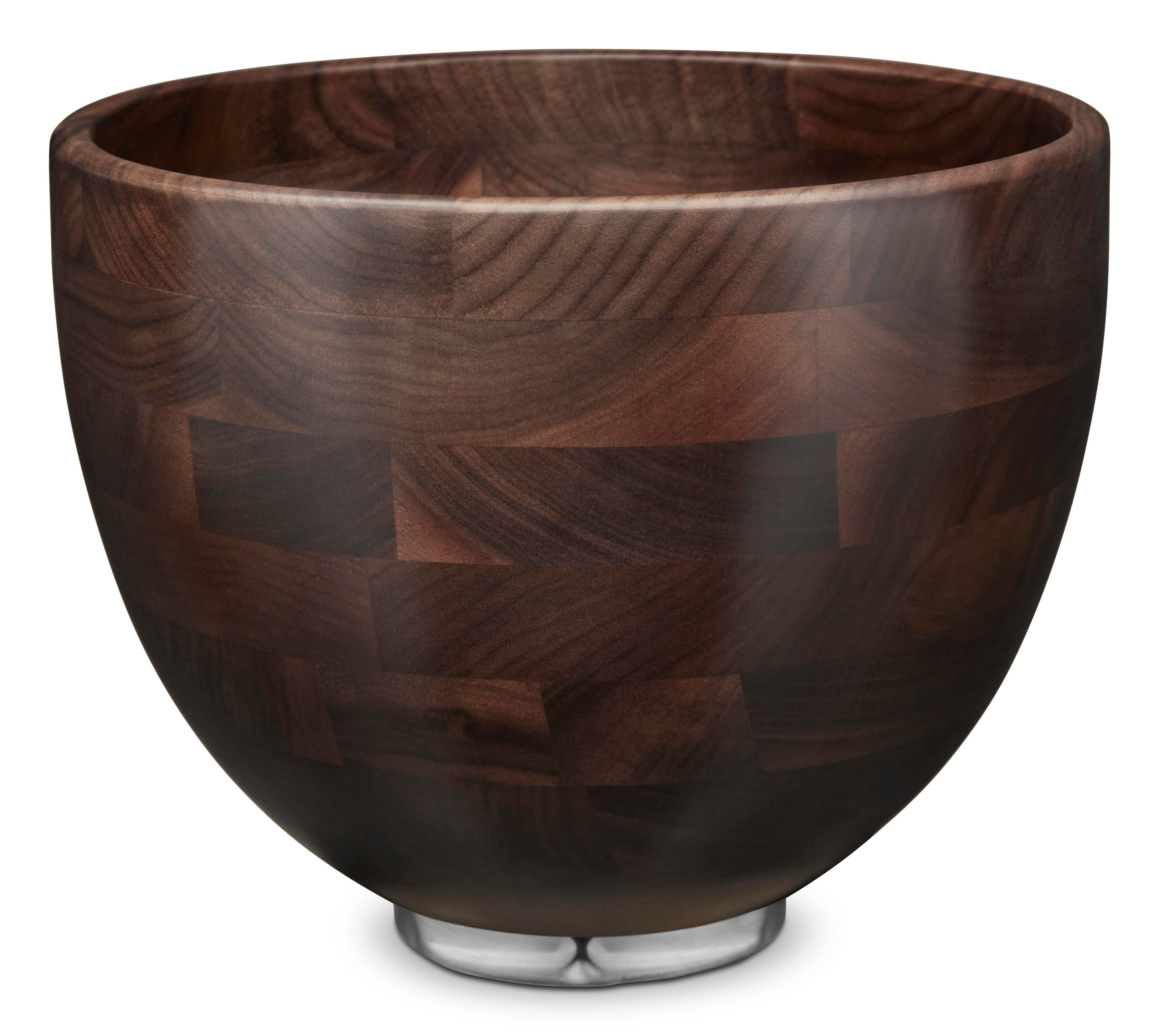 Eine Holzschüssel, dunkelbraun, mit Edelstahlfuß. Die Schüssel ist leer.