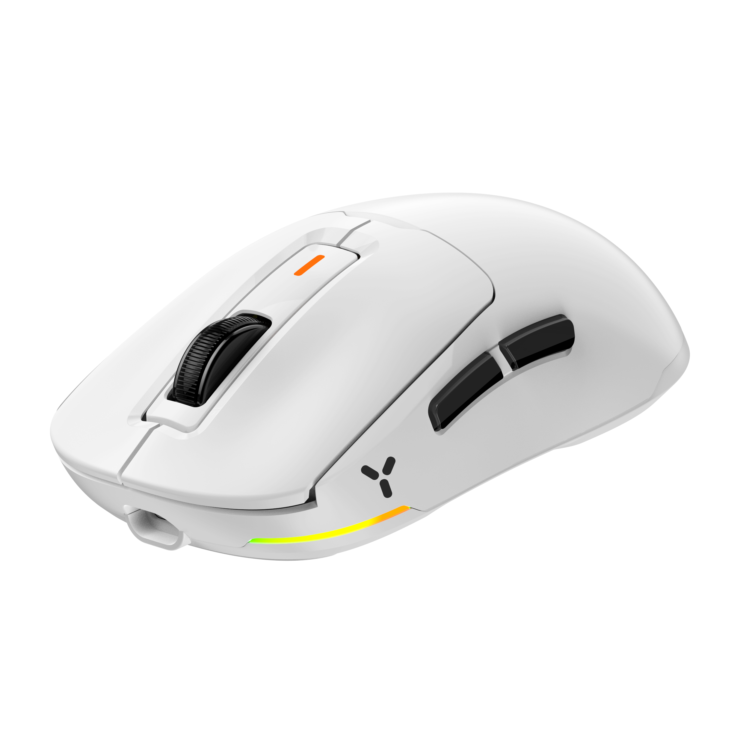 Weiße Gaming-Maus mit schwarzen Tasten und Scrollrad, weißer Hintergrund.