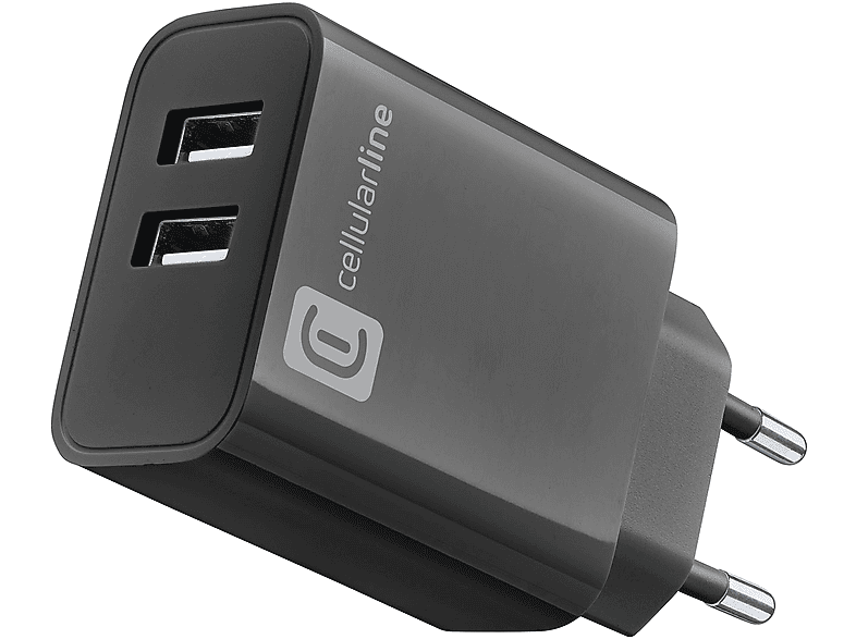 Caricabatteria Cellularline Multiporta 2 Usb-A 24W da 24W, Nero