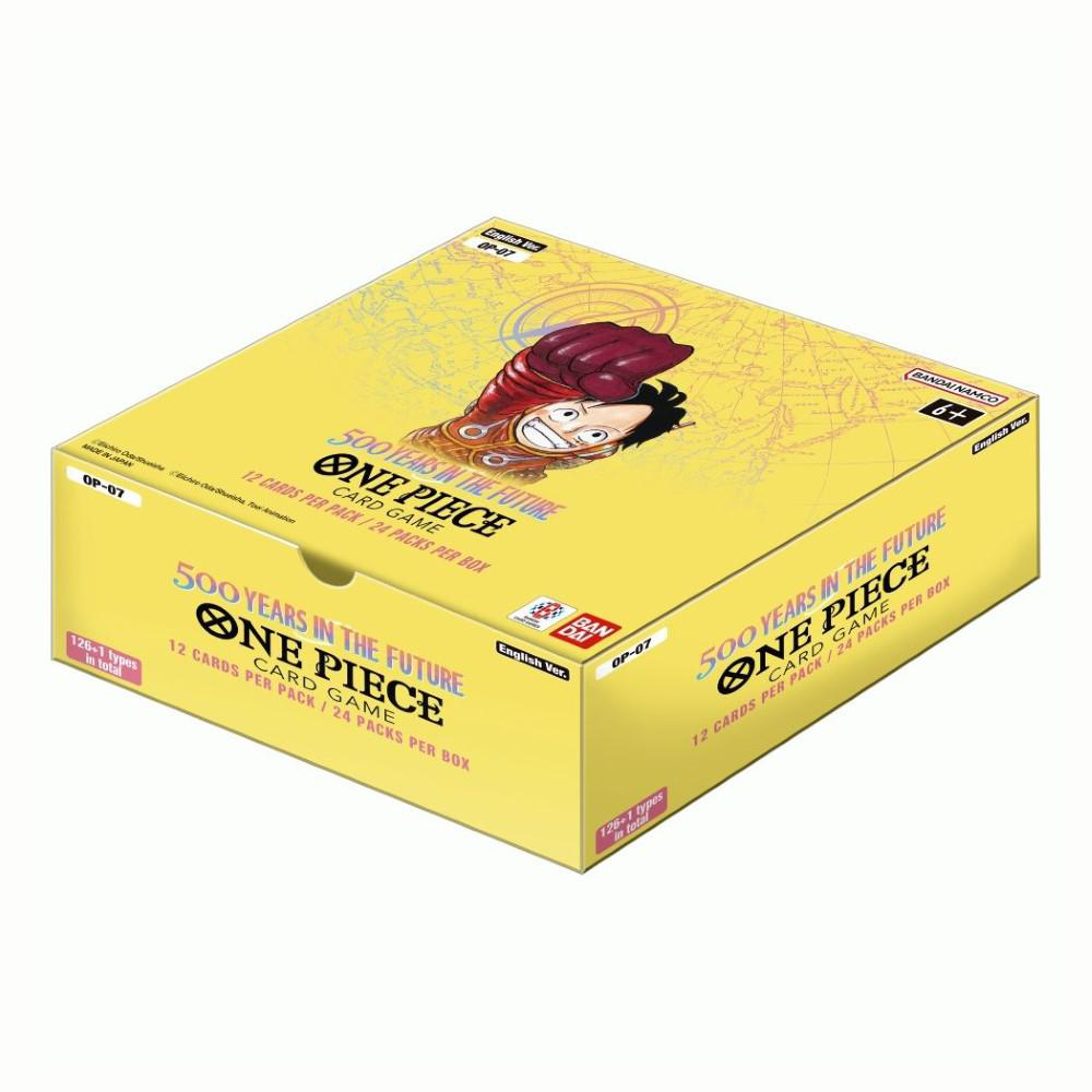 Gelbe Schachtel des One Piece-Kartenspiels. Die Schachtel ist mit Grafiken und Textelementen bedruckt.
