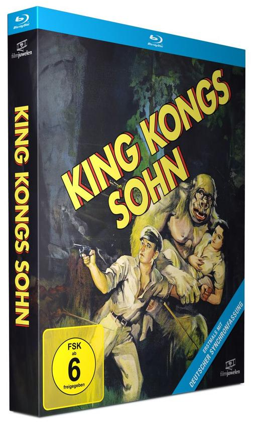 Filmbox, Vintage-Illustration eines Mannes mit Waffe, Gorilla und Frau.