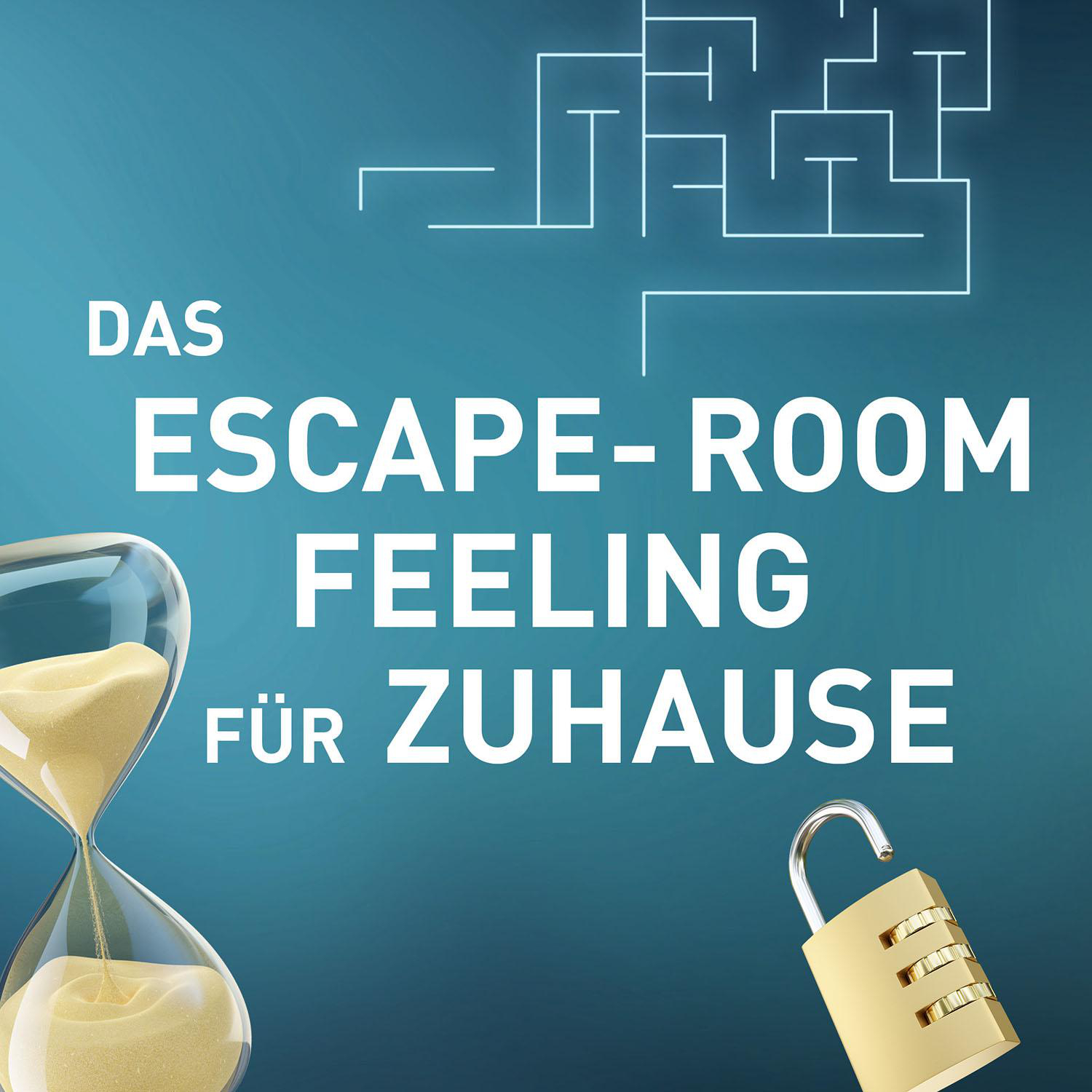 Eine Sanduhr, ein Vorhängeschloss und deutscher Text: 'ESCAPE-ROOM FEELING FÜR ZUHAUSE'.