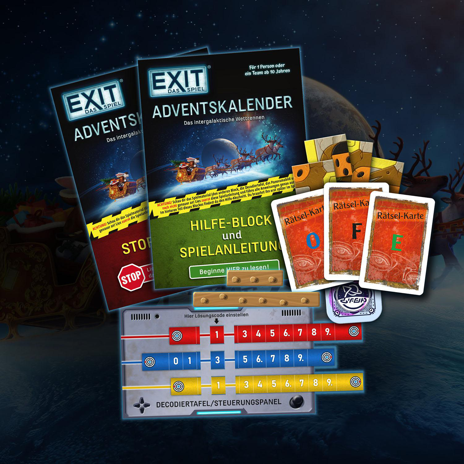Ein Brettspiel-Box-Set mit mehreren Spielkomponenten, vor einem Nachthimmel-Hintergrund.