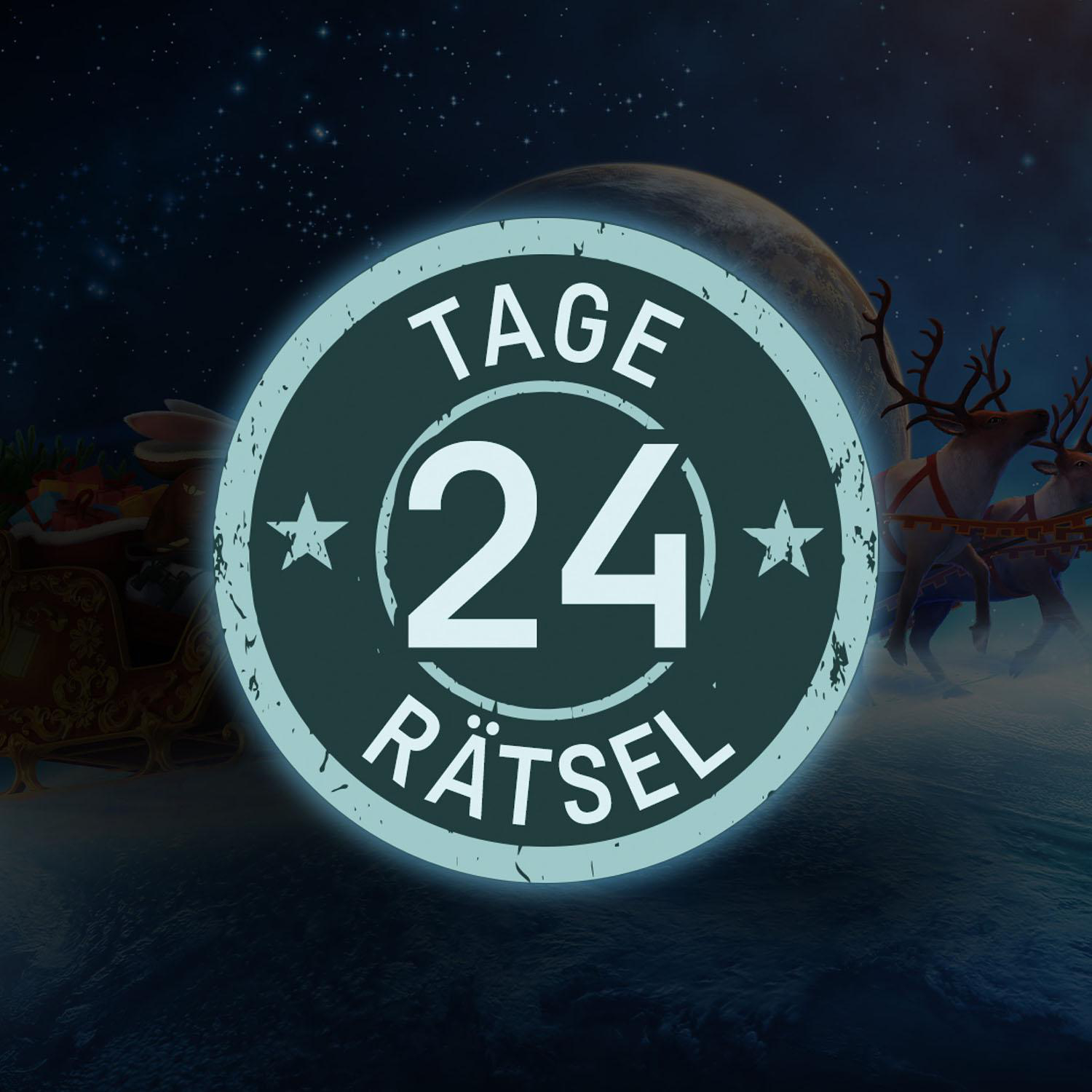 Rundes Emblem mit '24 Rätsel' und Weihnachtsszene mit Schlitten und Rentieren.