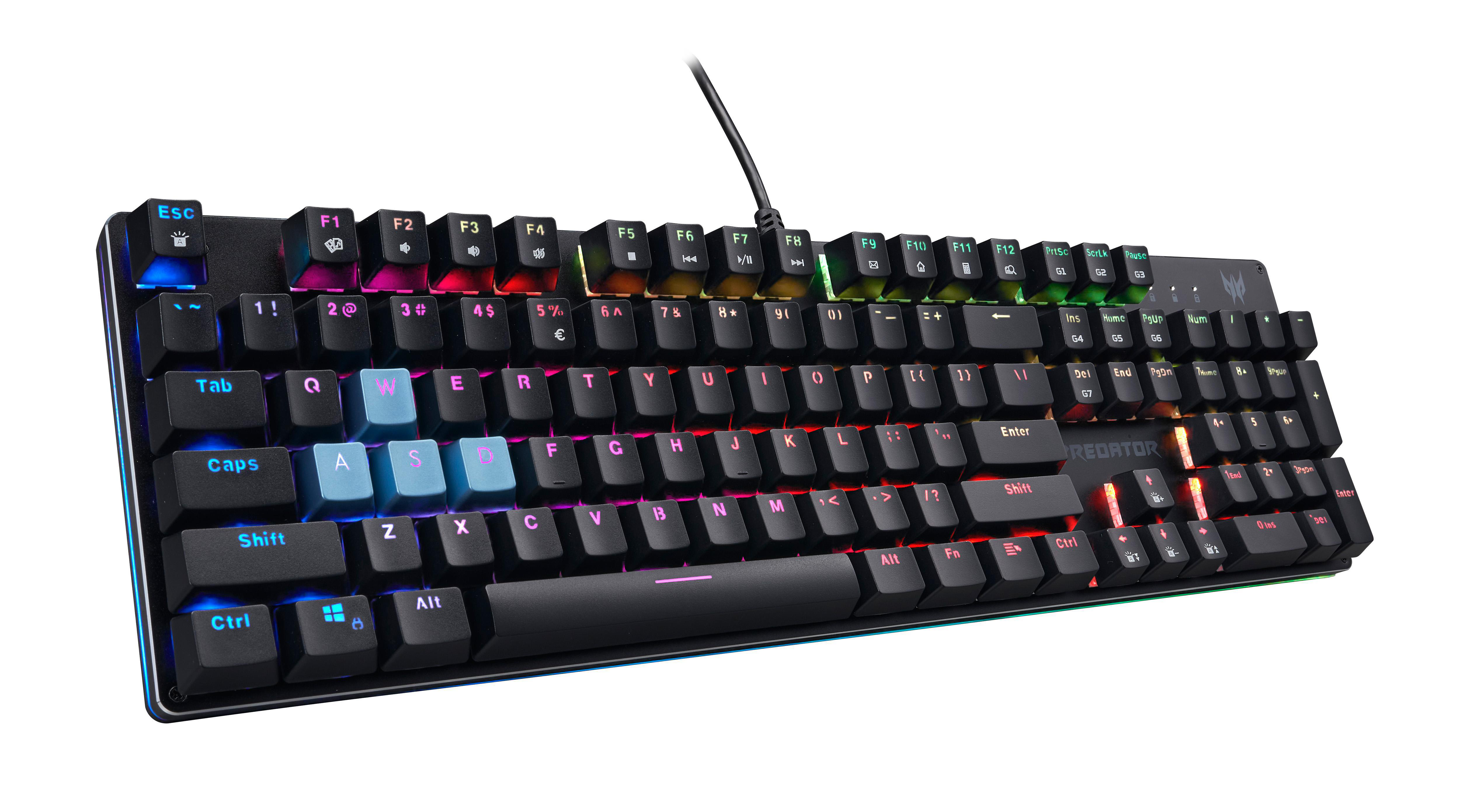 Schwarze Predator Gaming-Tastatur mit mehrfarbig beleuchteten Tasten.