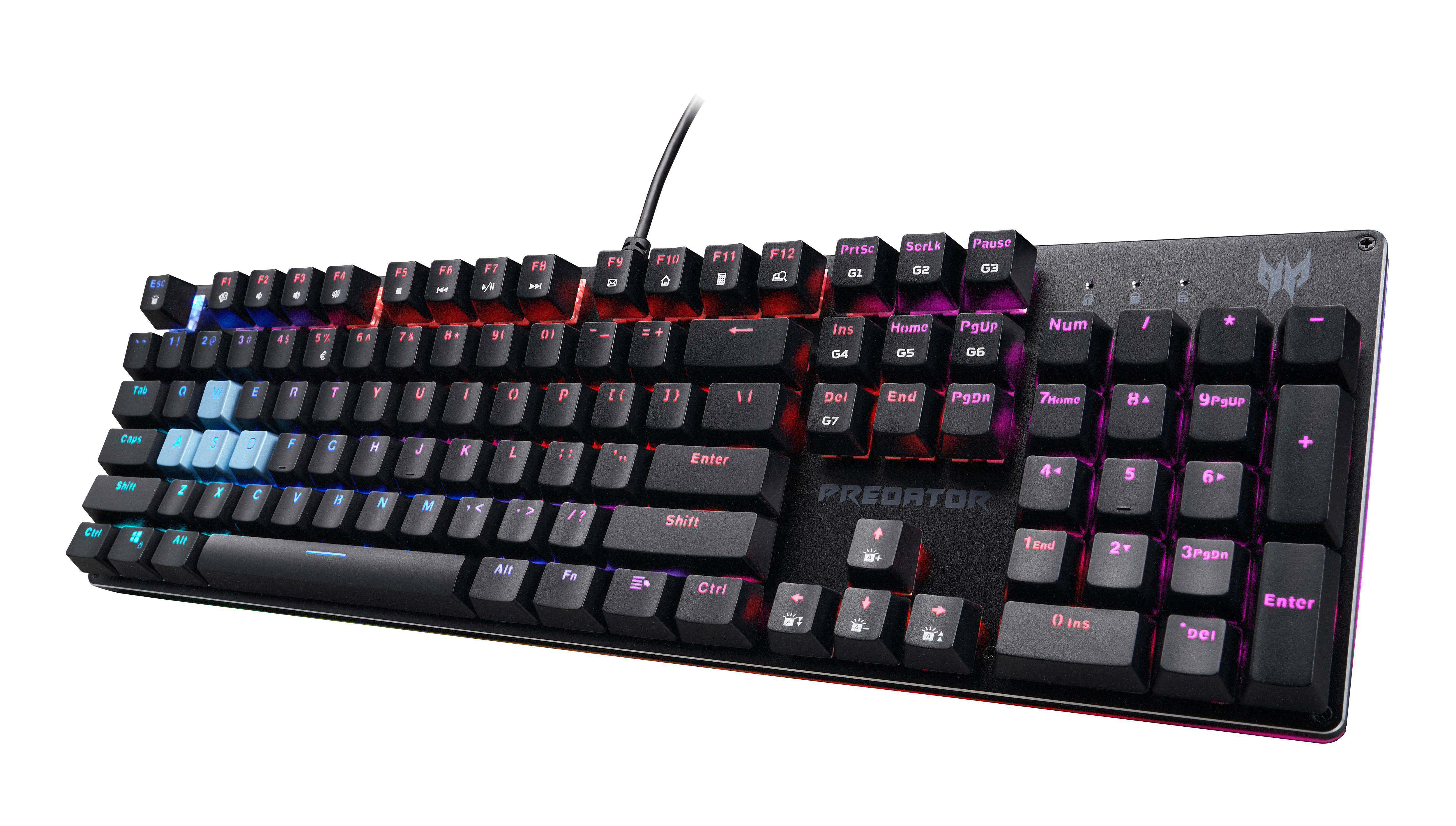 Eine schwarze Predator-Tastatur mit bunten, hintergrundbeleuchteten Tasten. Die Tasten sind beschriftet.