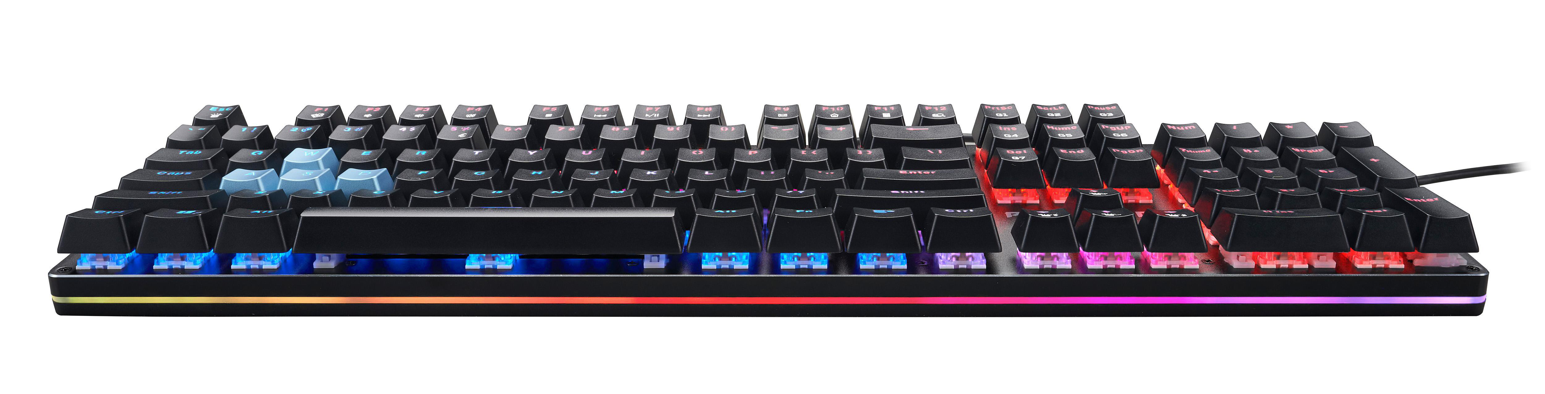 Eine Full-Size-Tastatur in Schwarz mit farbigen Tasten und Hintergrundbeleuchtung, von oben gesehen.