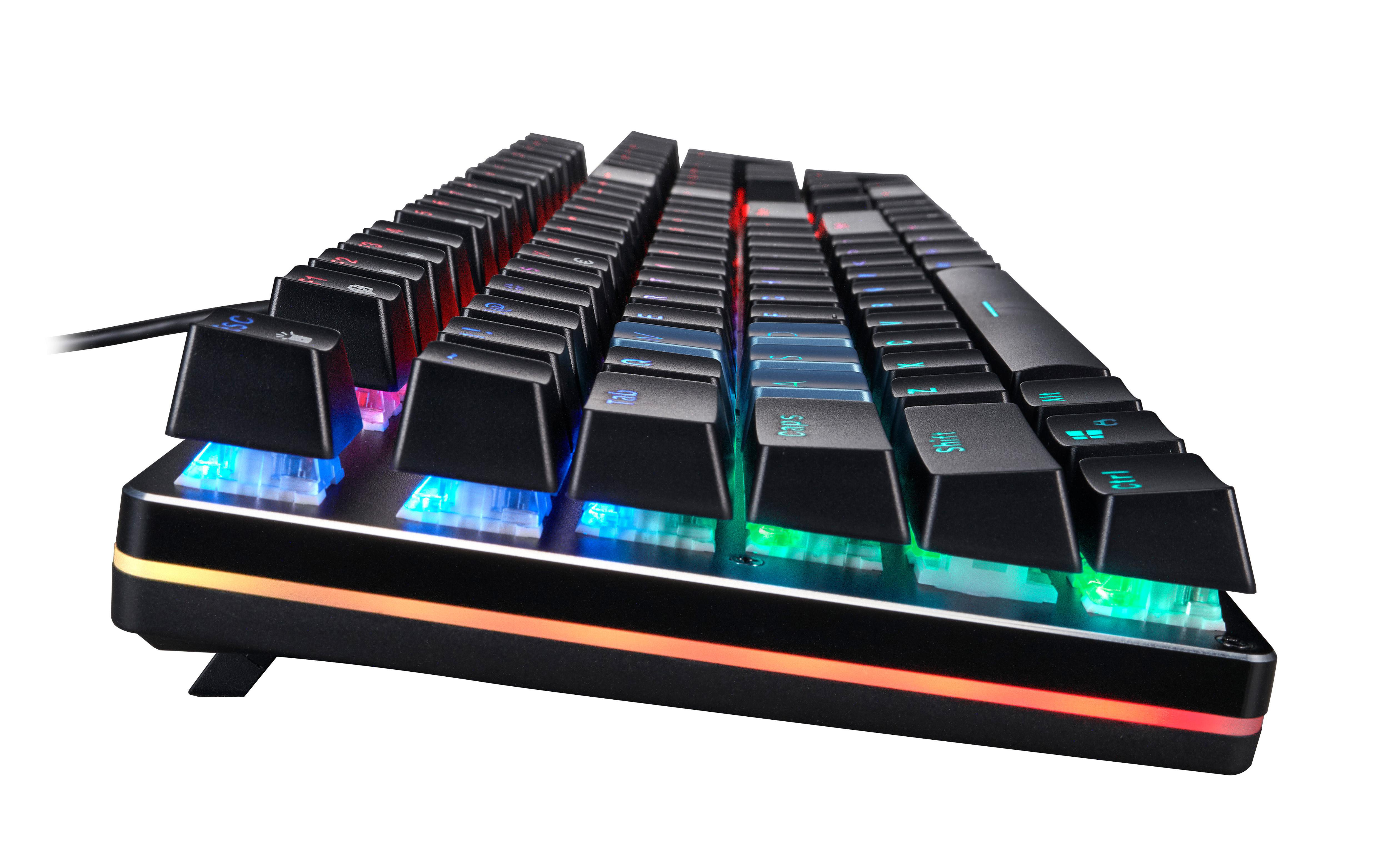 Schwarze Gaming-Tastatur. Seitenansicht, mit RGB-Beleuchtung unter den Tasten. Tasten sind schwarz.
