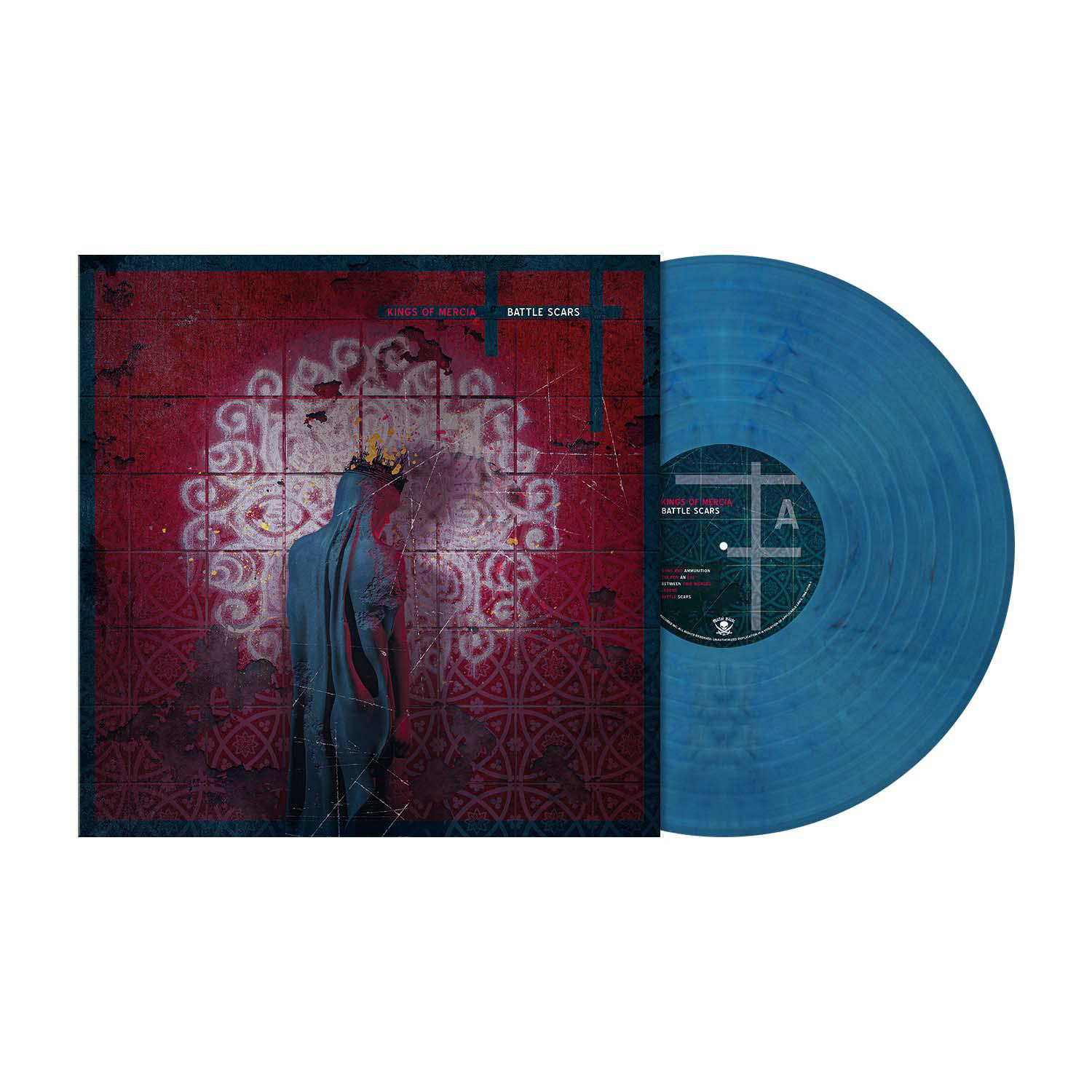 Vinyl-Schallplatte mit blauer Oberfläche. Das Cover zeigt eine Illustration einer Person.