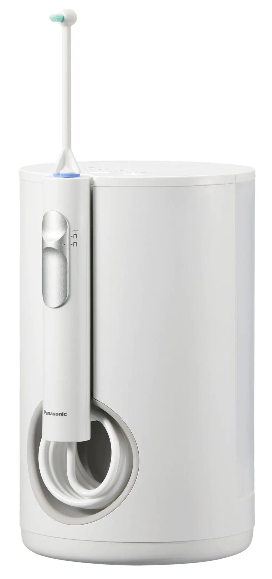 Biały irygator do jamy ustnej z długą dyszą i zbiornikiem. Ma pokrętło, a marką jest Panasonic.