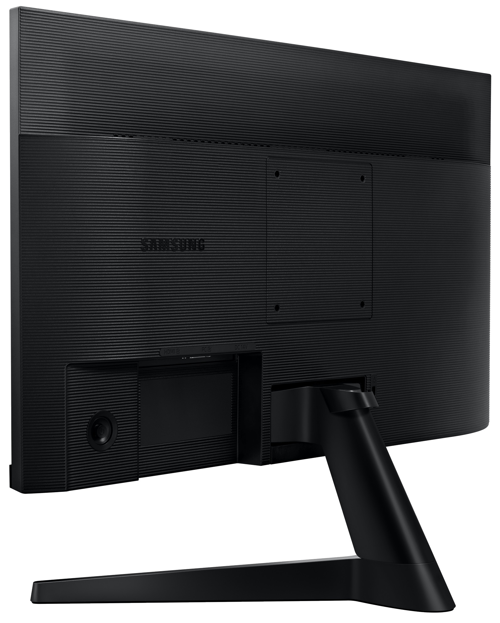 Widok z tyłu czarnego monitora z teksturowanym tyłem i czarną podstawą, z logo Samsung.