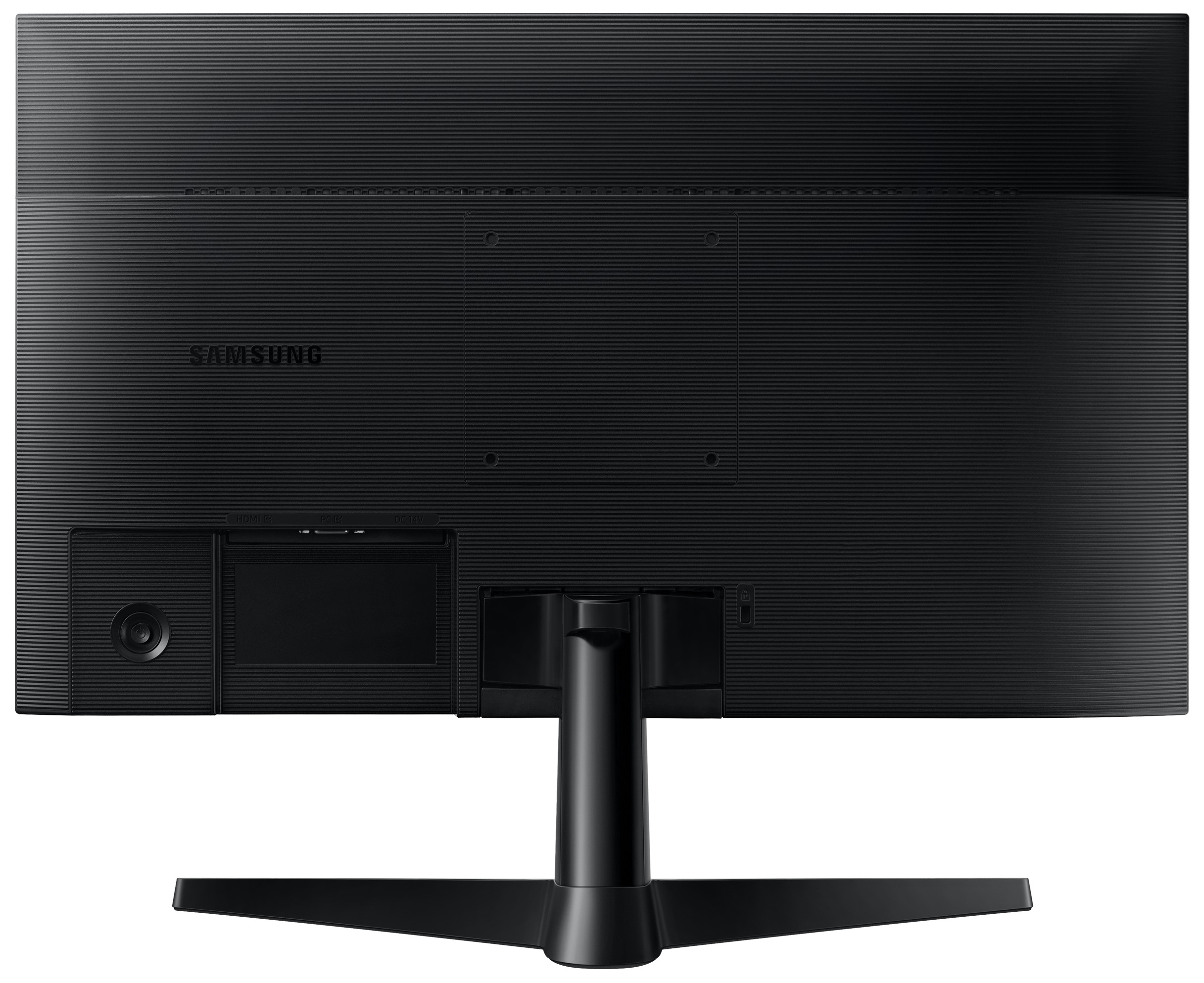 Tył czarnego monitora Samsung. Posiada podstawkę i różne porty.