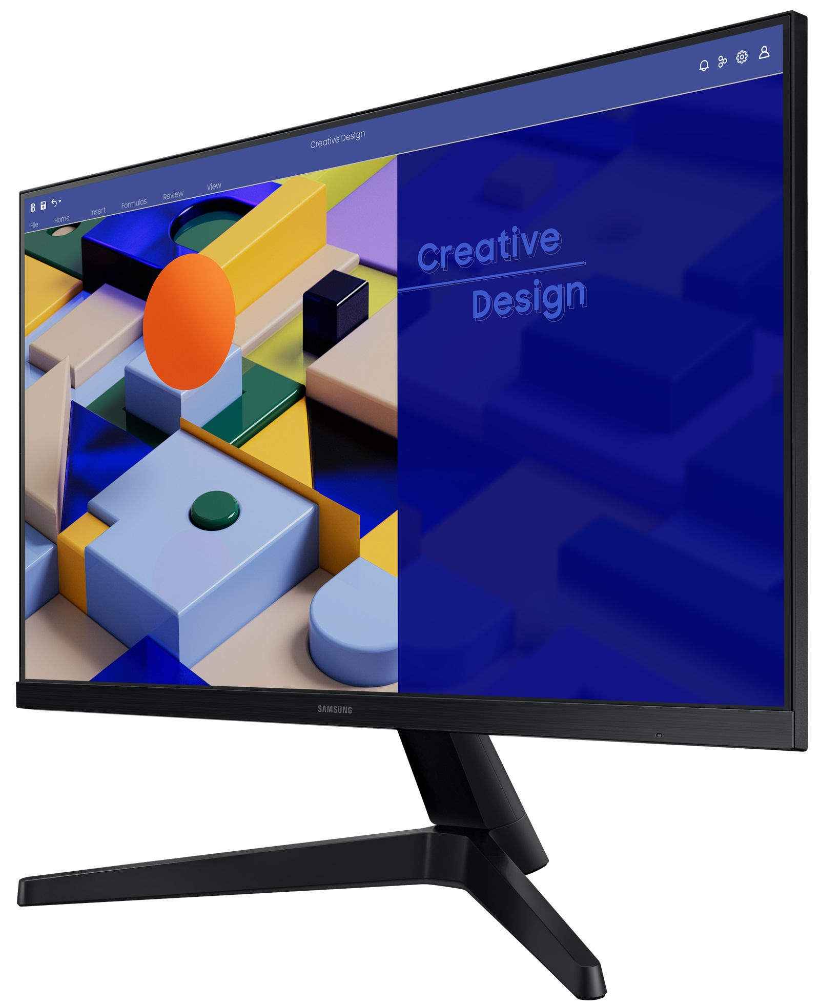 Czarny monitor wyświetla kolorowy, abstrakcyjny design z tekstem 'Creative Design'.