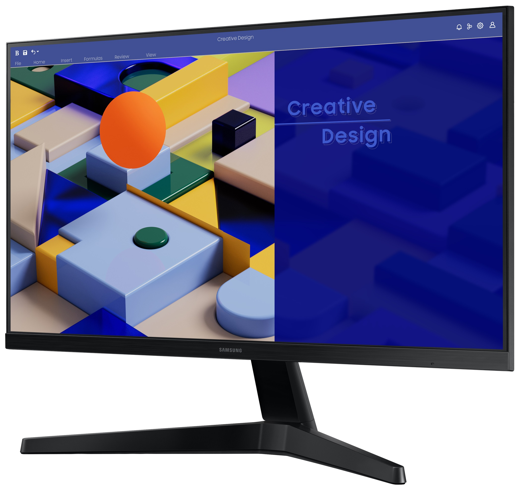 Czarny monitor komputera wyświetla prezentację Creative Design z niebieską i pomarańczową grafiką.