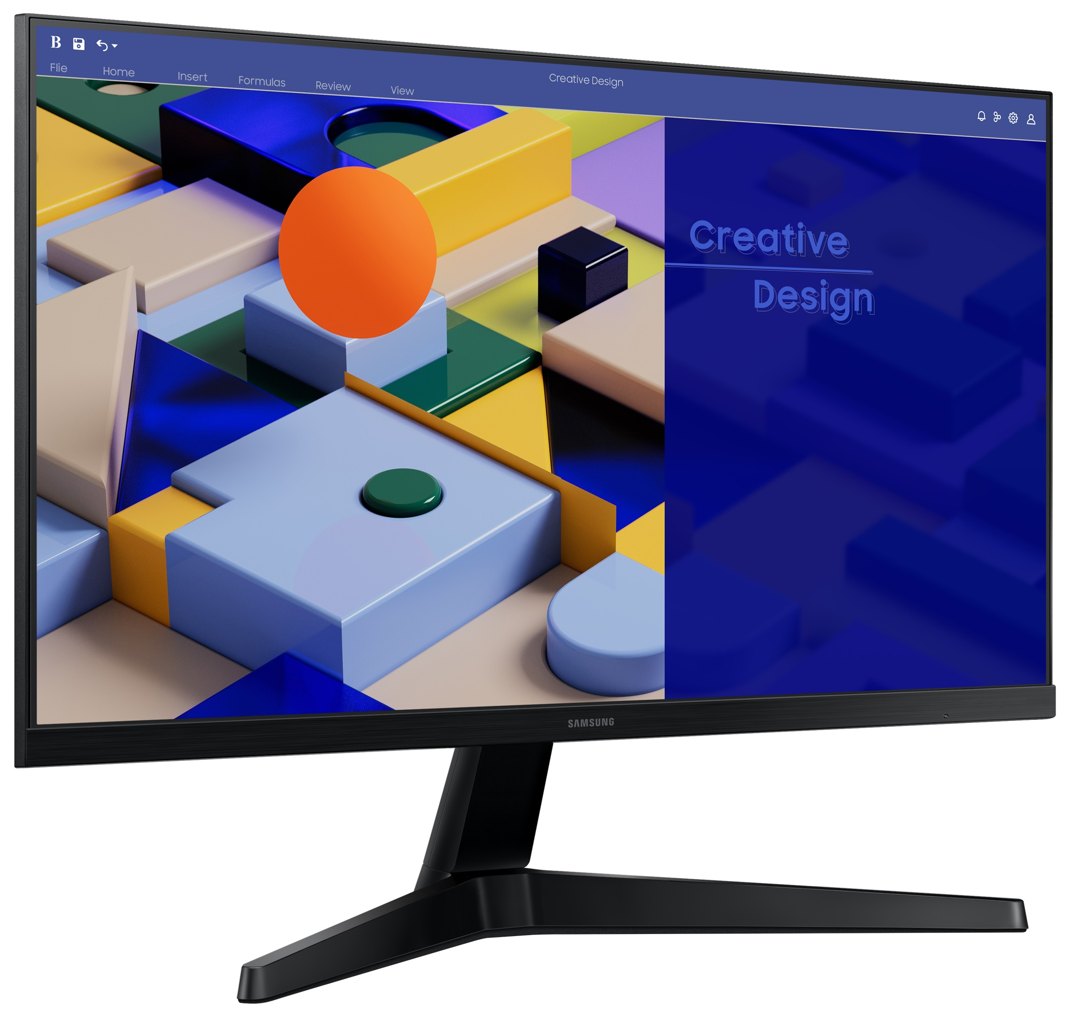 Monitor komputera wyświetla kolorowy, abstrakcyjny wzór z tekstem.