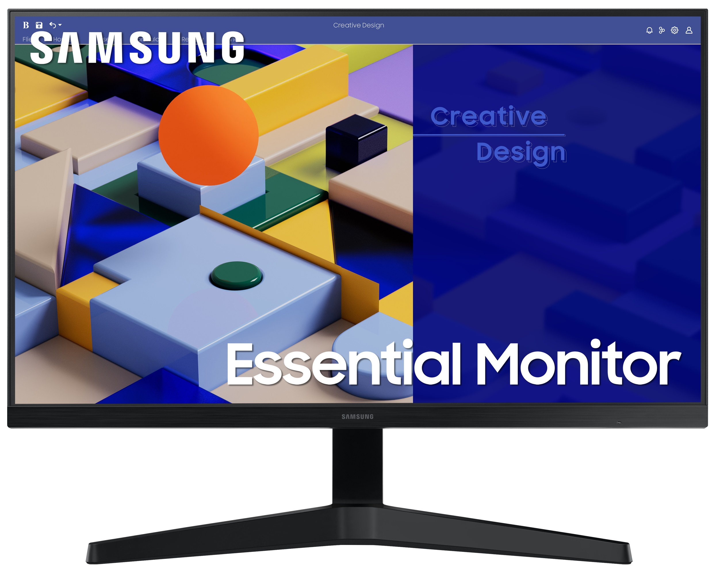 Czarny monitor Samsung Essential wyświetlający kreatywny projekt z pomarańczową kulą.