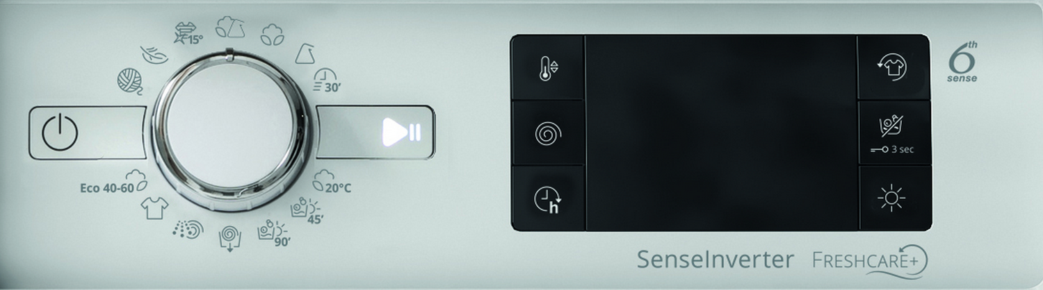 Panel de control de lavadora con botones, un dial y una pantalla digital.