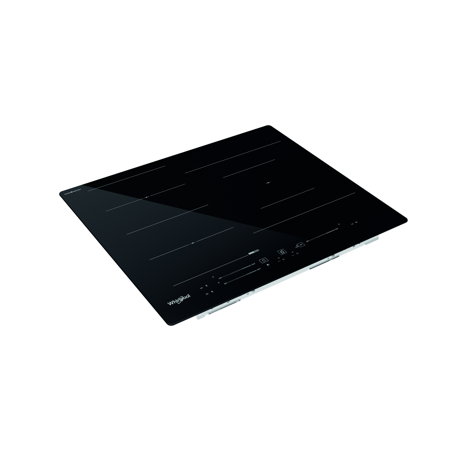 Placa de cocina negra con 4 quemadores y controles táctiles. Fondo blanco.