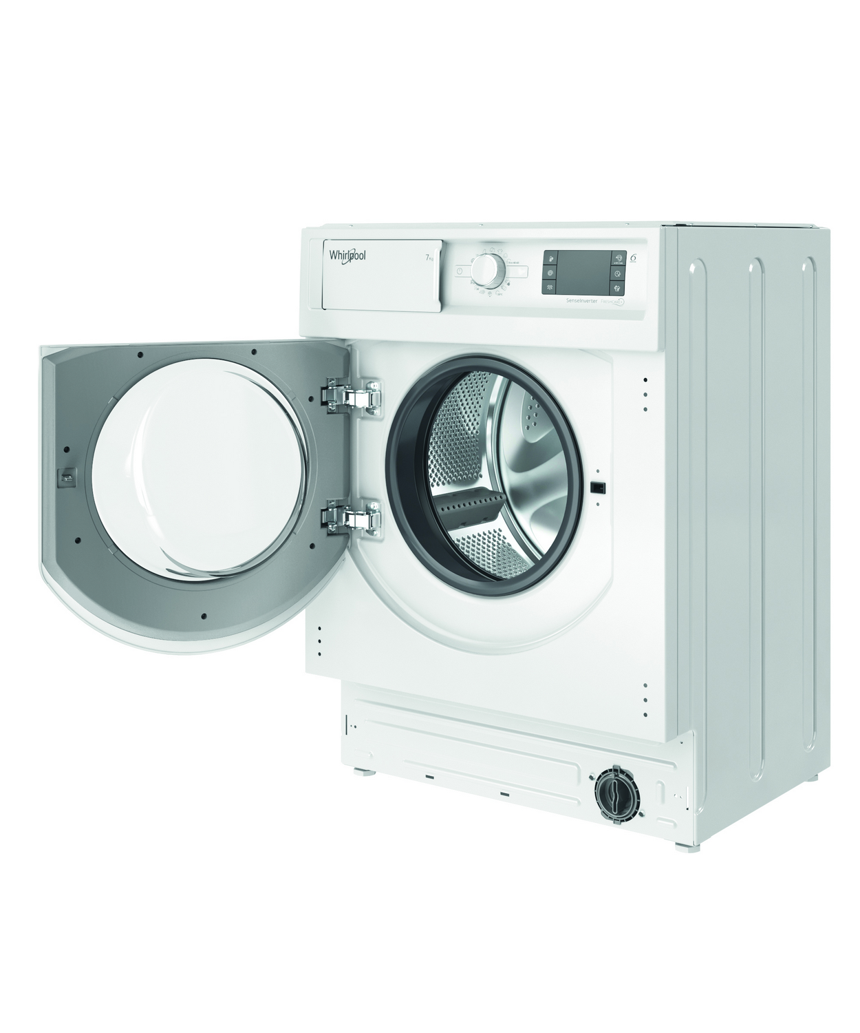 Lavadora Whirlpool blanca con puerta abierta, vista frontal, sobre fondo blanco.