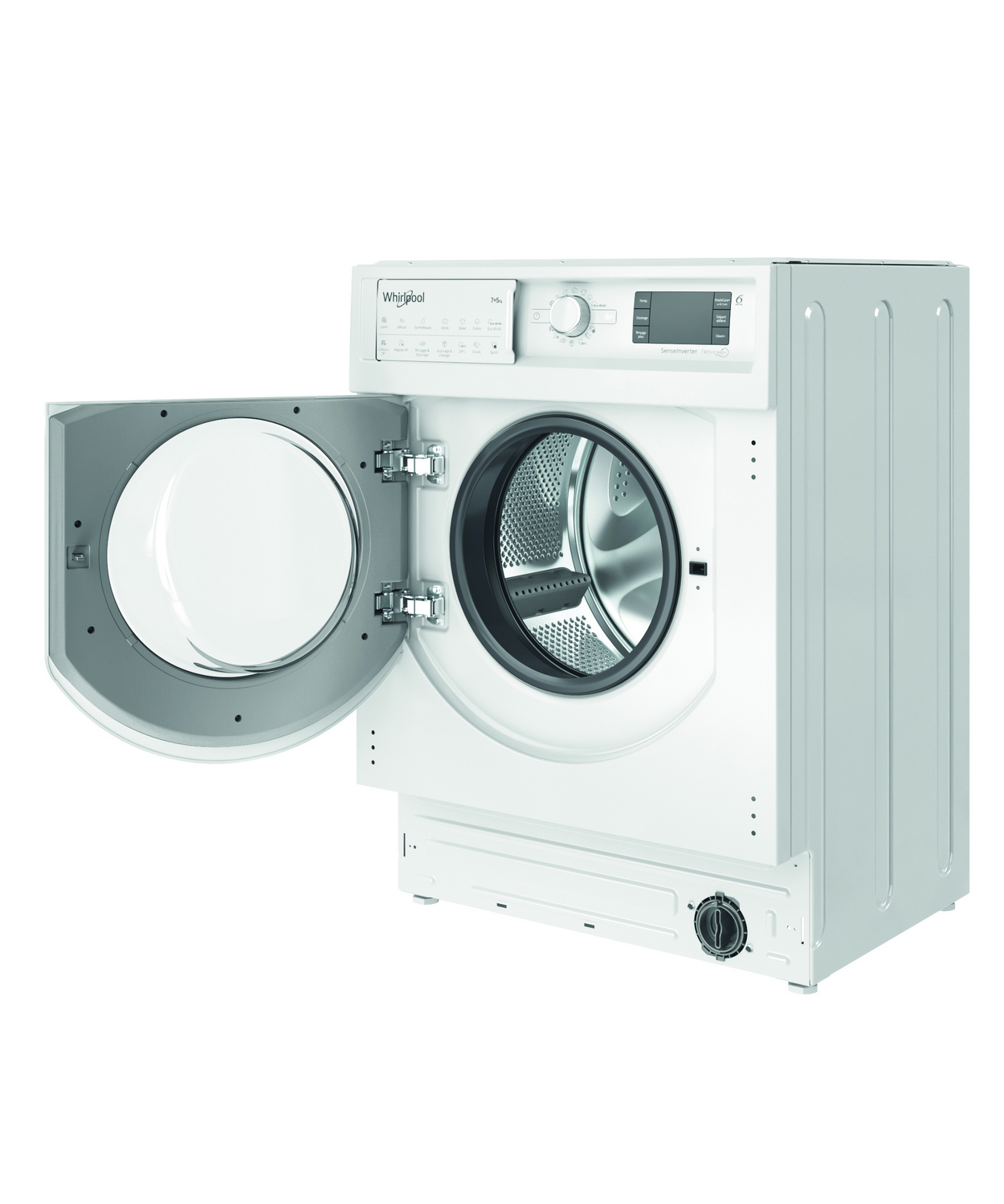 Una lavadora Whirlpool blanca con la puerta abierta, mostrando el tambor.