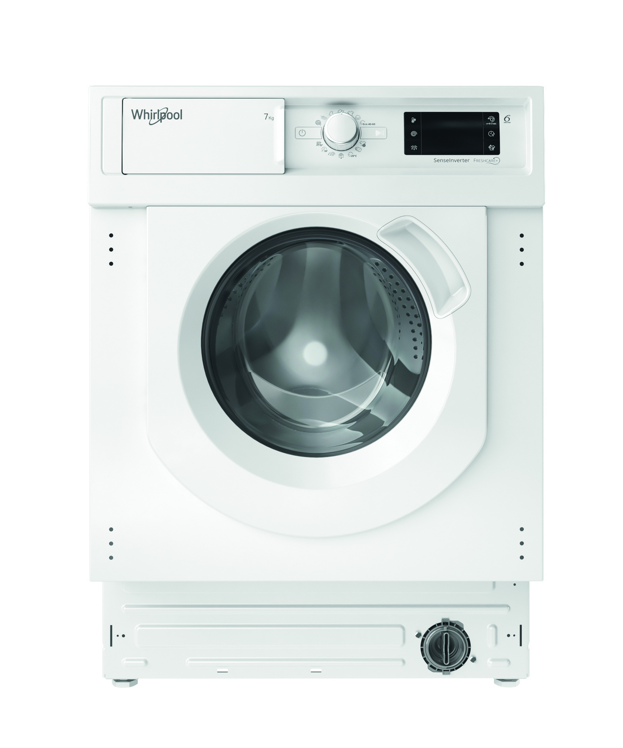 Una lavadora Whirlpool blanca con la puerta cerrada y varios botones de control.