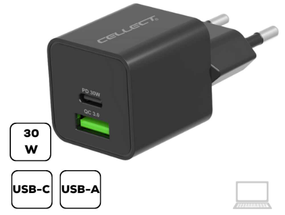 Fekete töltő USB-C és USB-A portokkal, zöld porttal és 30 W-os címkével.