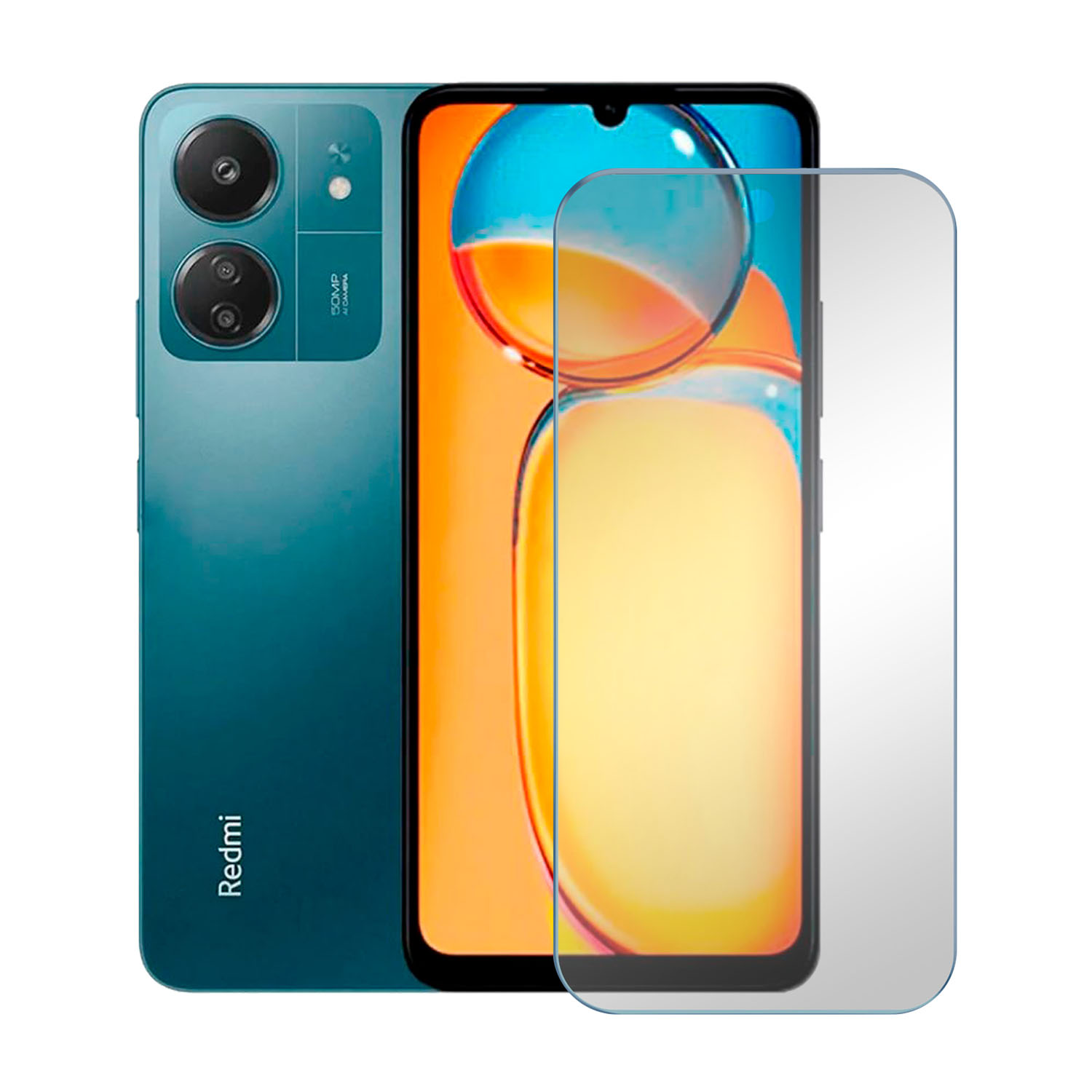 Smartphone verde acqua con due fotocamere posteriori e protezione schermo applicata.