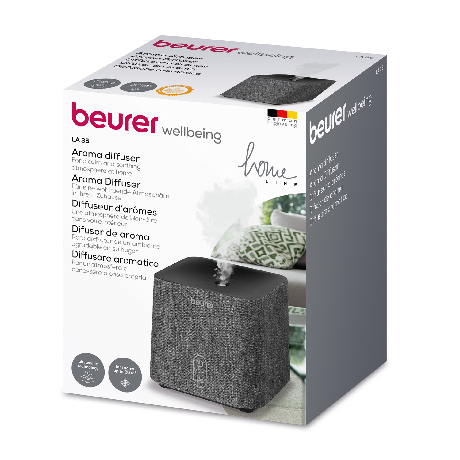 Scatola del diffusore di aromi con dettagli del prodotto e del marchio. Il diffusore è grigio e nero.