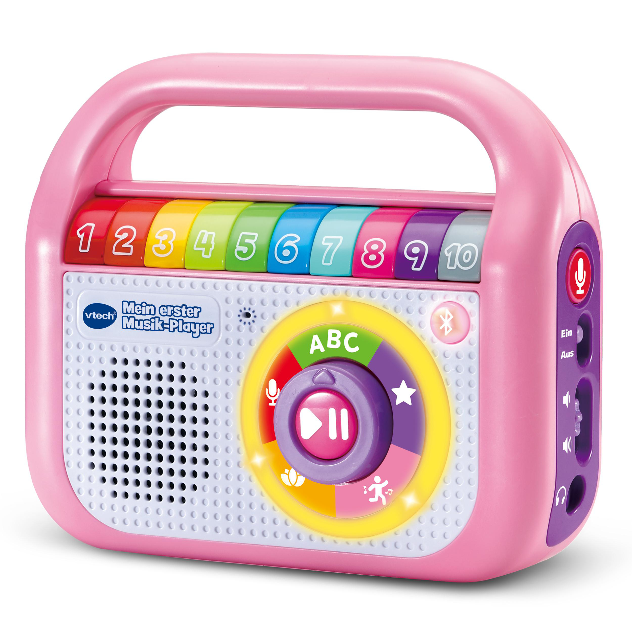 Rosa Spielzeug-Musikplayer mit Knöpfen und Griff, mit Zahlen.