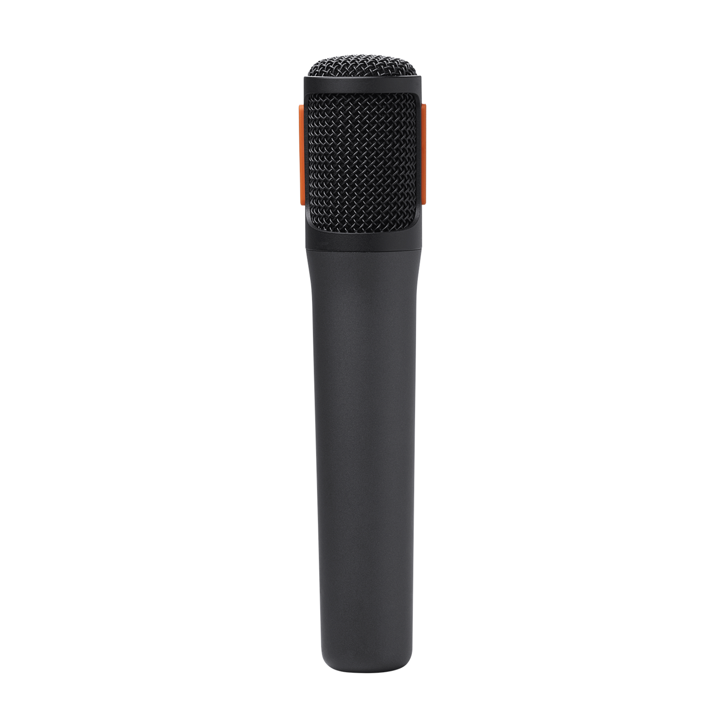 Black microphone with orange accents, a mesh top, on a black background.