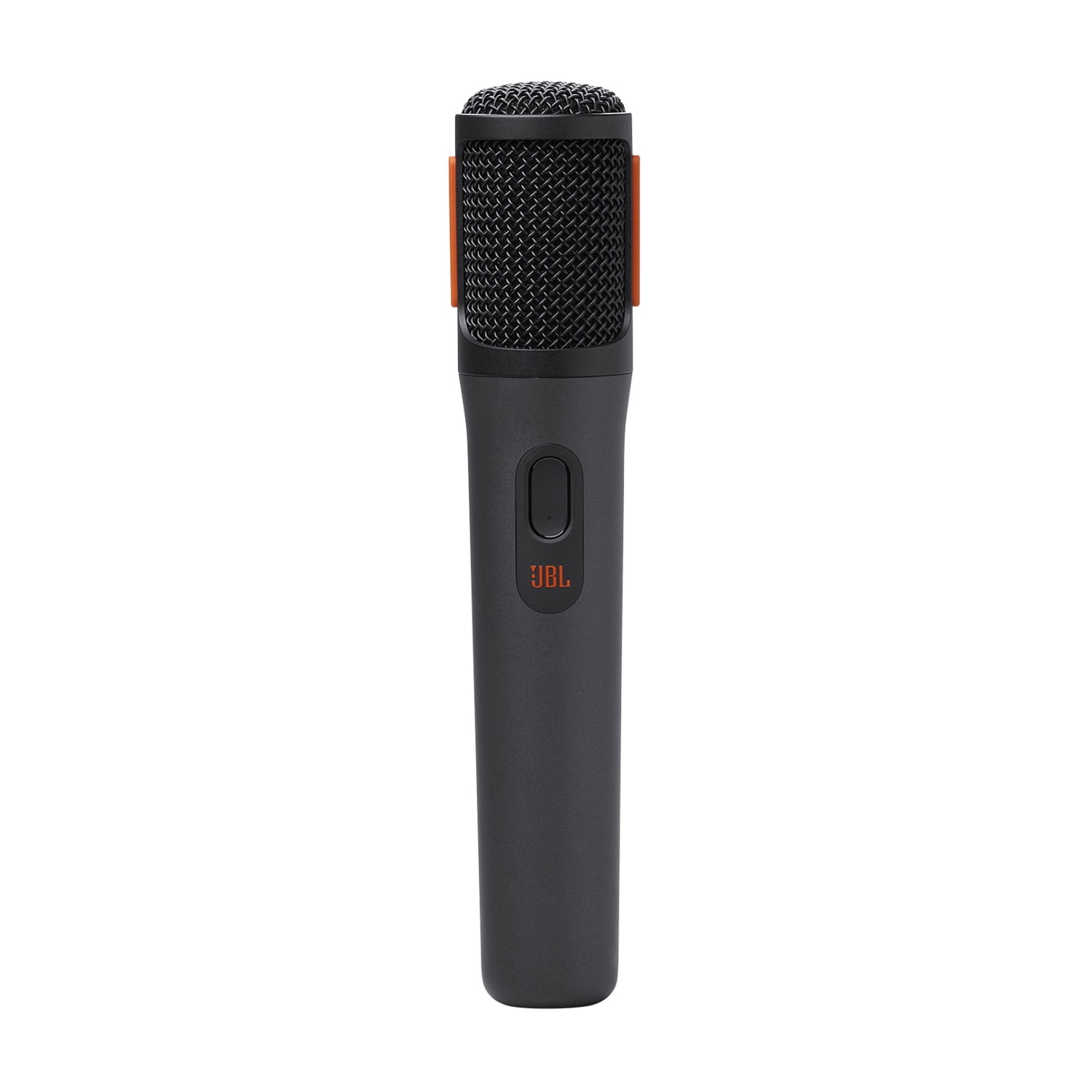 A black JBL microphone with orange accents, a button, and a black mesh grill.