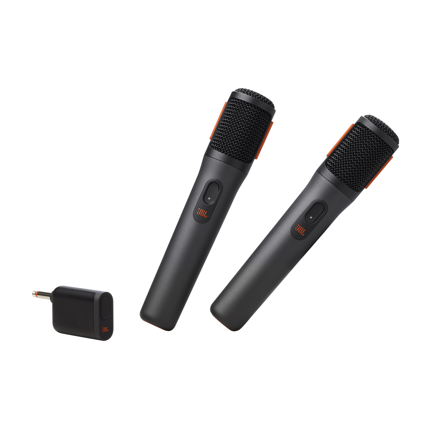 Two black and orange JBL microphones and a receiver on a black background.
